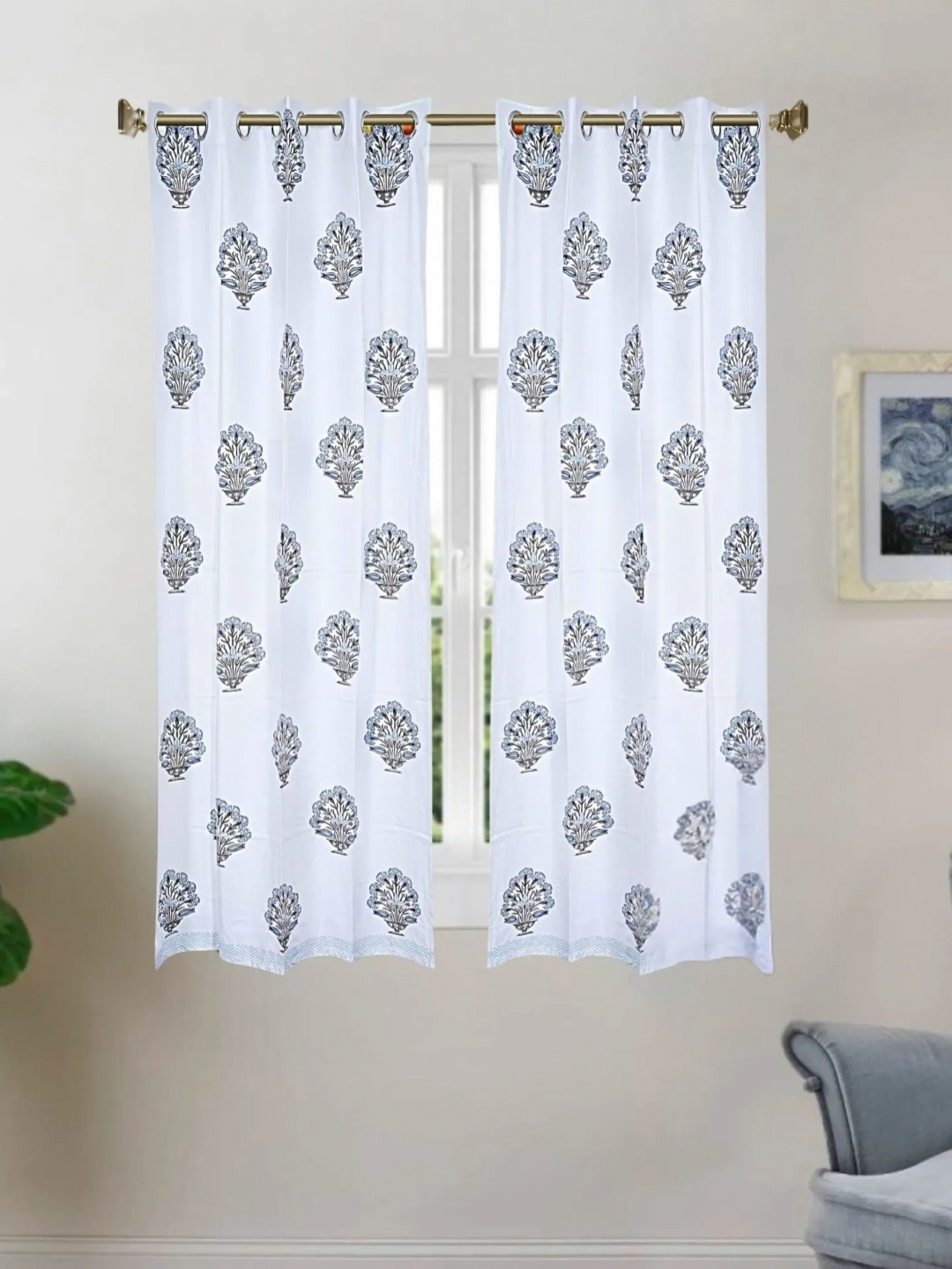 

LIVING ROOTS White 2 Pieces Ethnic Motifs Block Printed Elegant Cotton Window Curtains