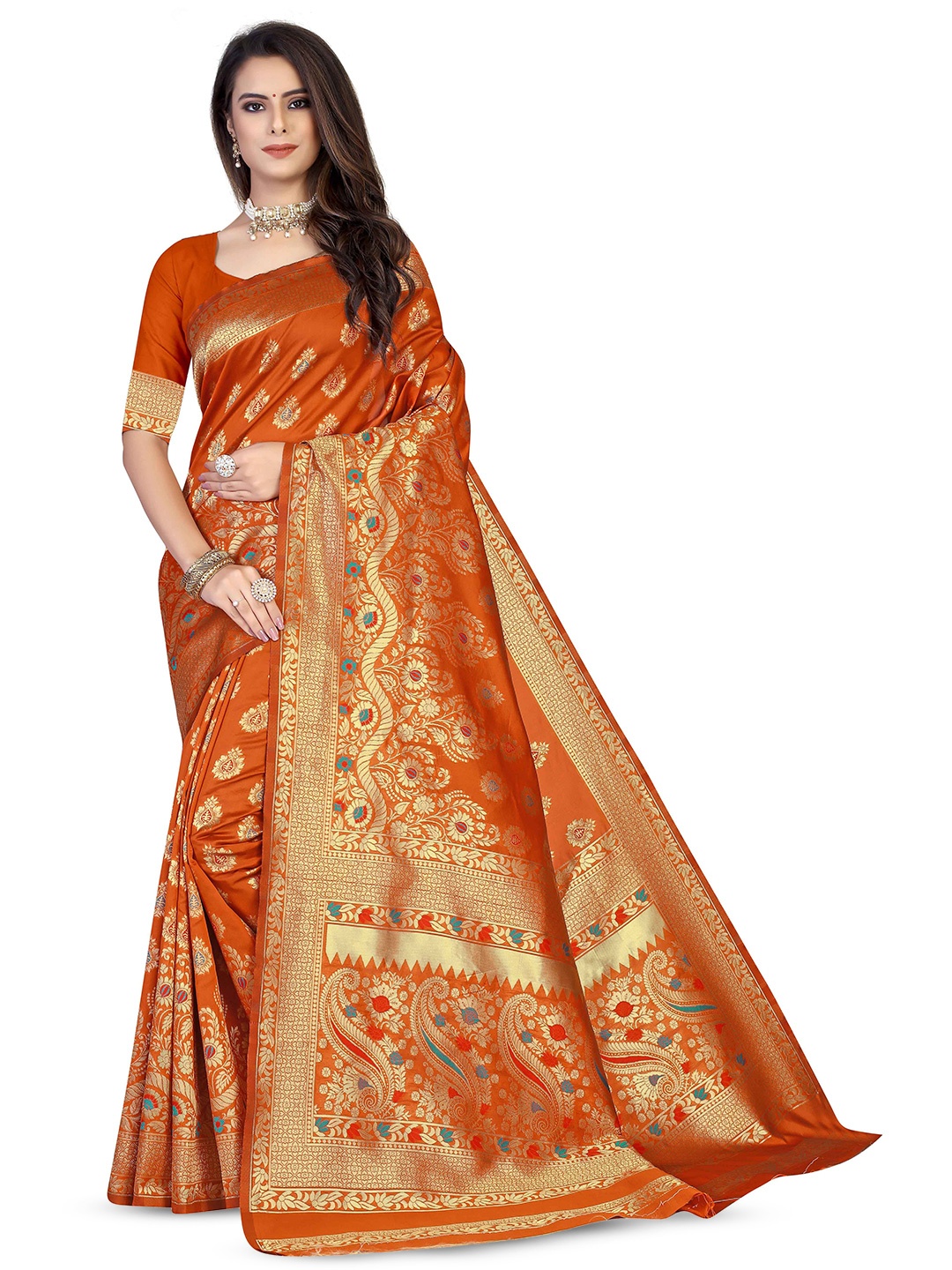 

Maroosh Floral Zari Silk Blend Banarasi Saree, Orange