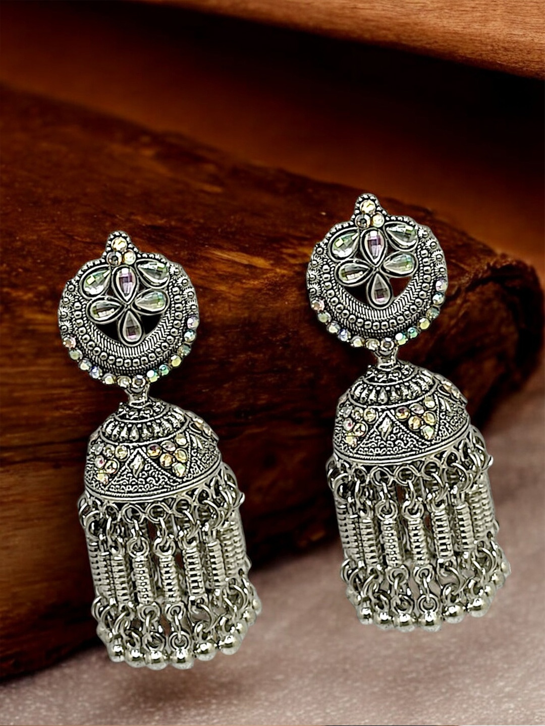 

9blings Silver Plated Cubic Zirconia Studded Dome Shaped Jhumkas