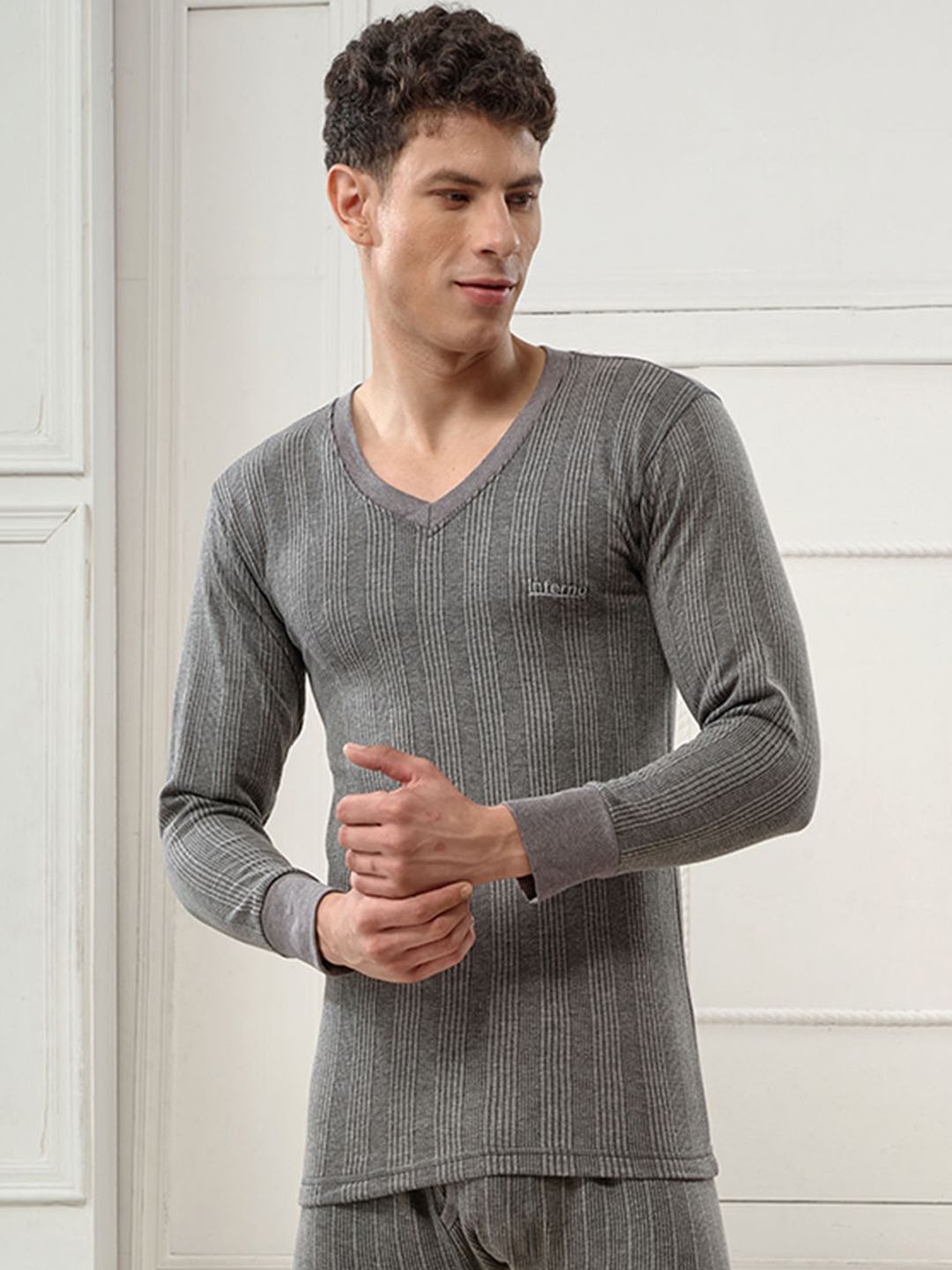 

INFERNO Men V Neck Fullslevee Thermal Vest, Charcoal