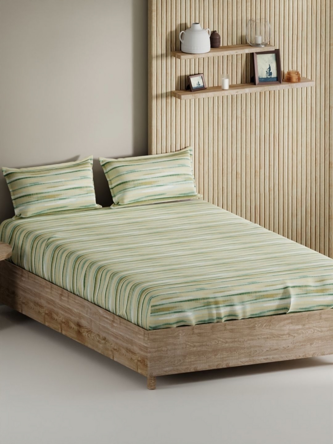 

BIANCA Palladium Green Striped Pure Cotton 144 TC King Bedsheet Set 2.74 m X 2.74 m
