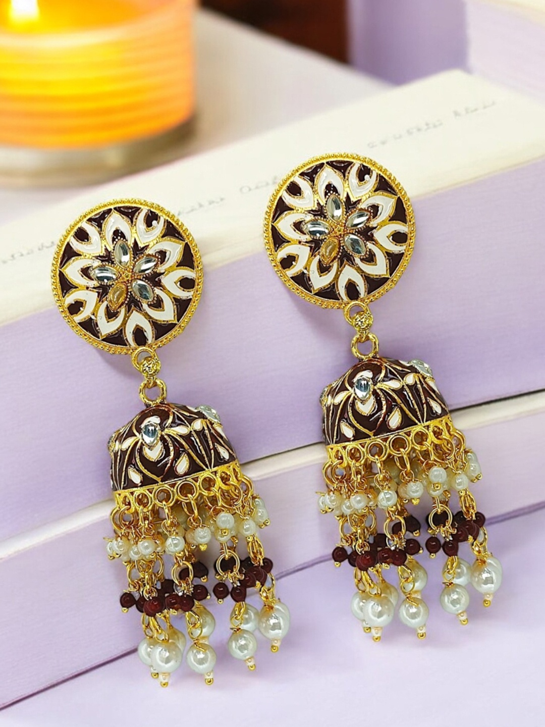 

9blings Gold Plated Beaded Dome Shaped Jhumkas, Maroon