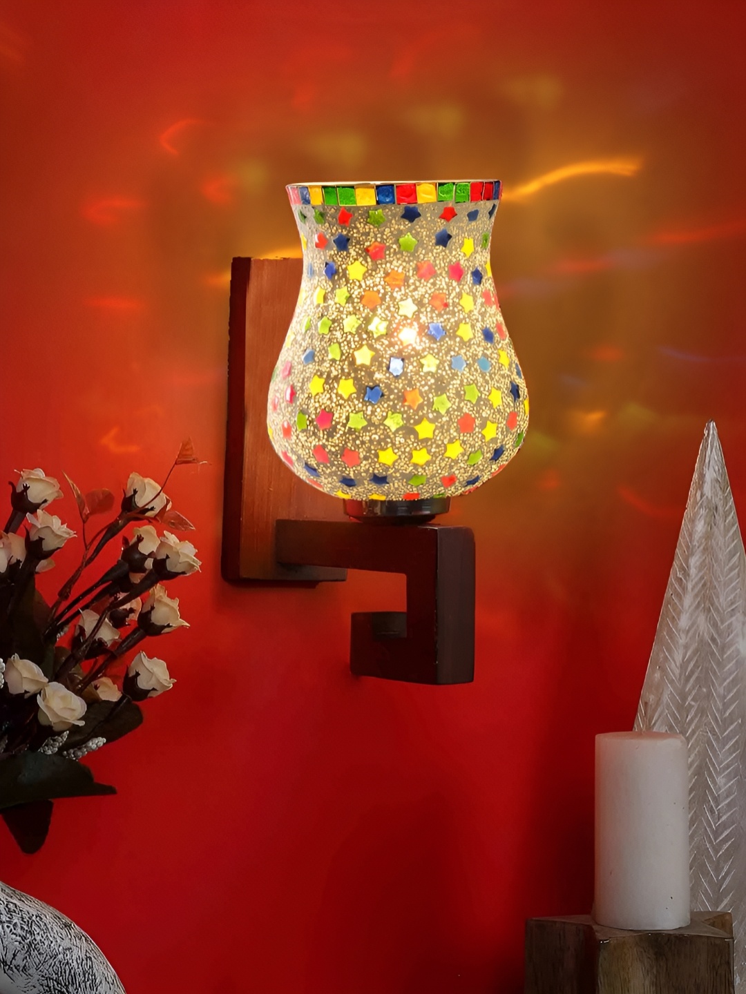 

Devansh White & Brown Printed Wood Traditional Wall Lamp