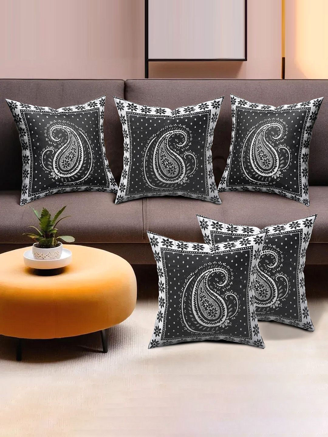 

Kuber Industries Black & White 5 Pieces Ethnic Motifs Printed Square Cushion Covers