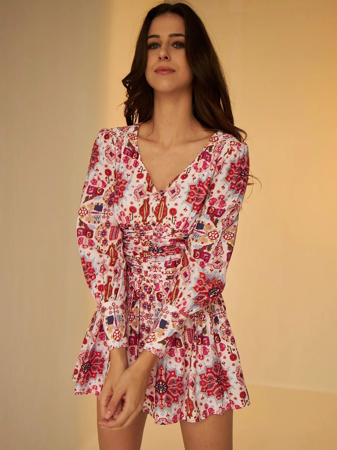

BETRUE Women Ethnic Motifs Printed V-neck Fit & Flare Mini Dress, White