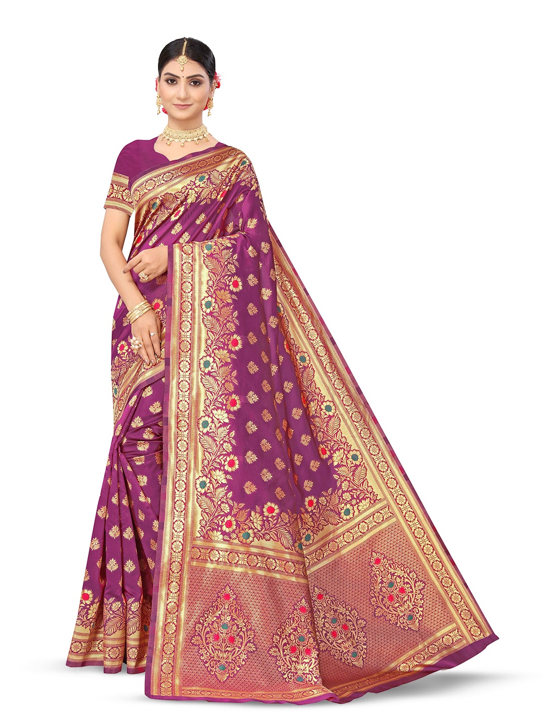 

Maroosh Floral Zari Silk Blend Banarasi Saree, Purple