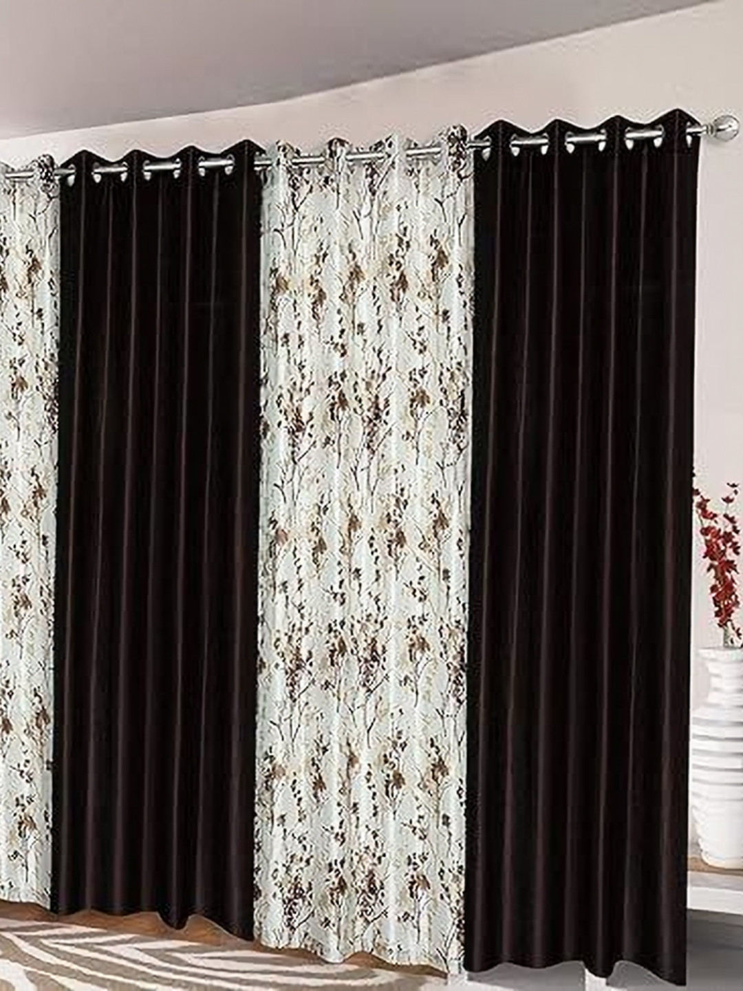 

Banchmark Home Furnishings Brown & White Set of 4 Floral Long Door Curtain