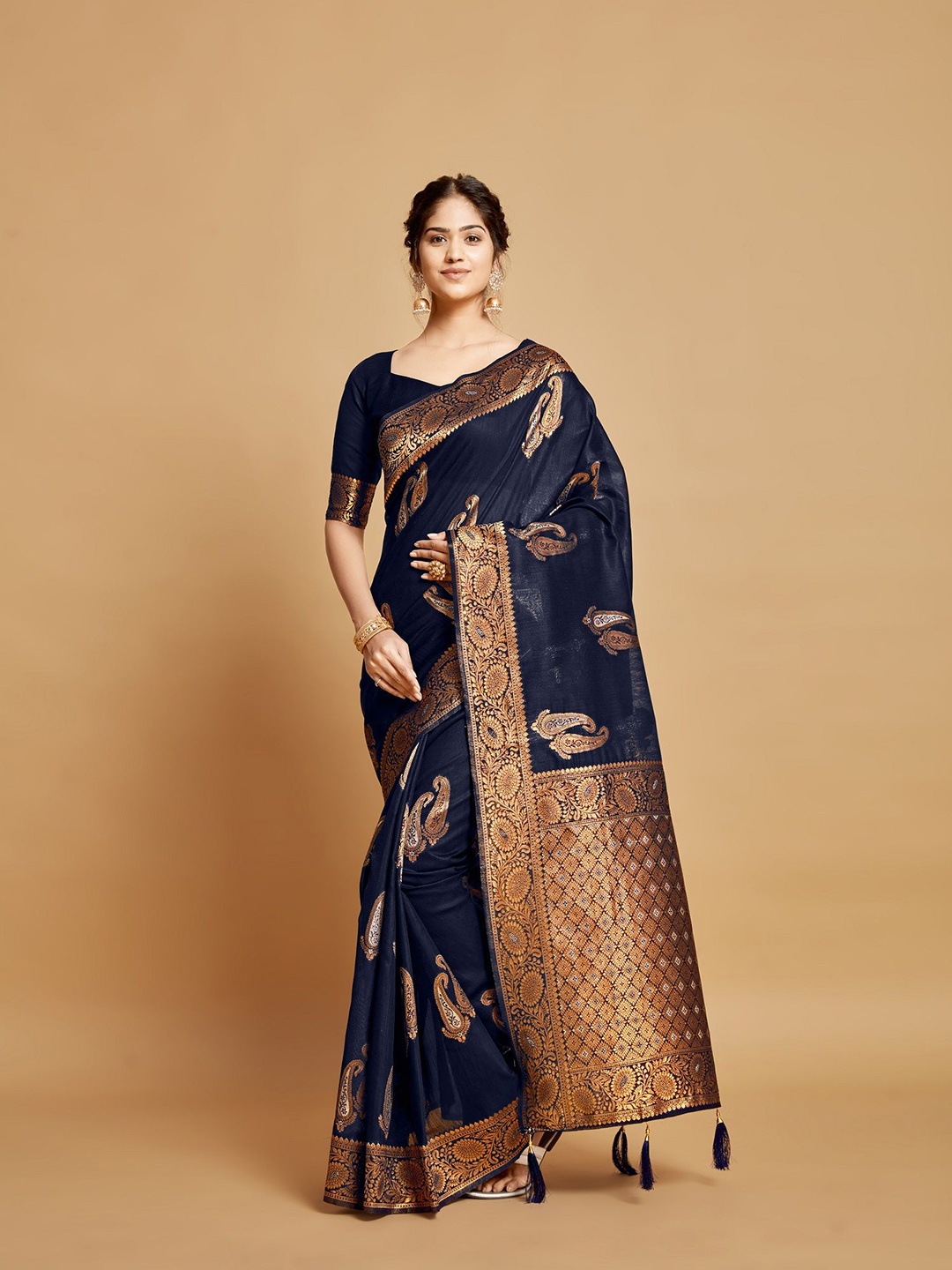 

MAHALASA Woven Design Zari Linen Saree, Navy blue