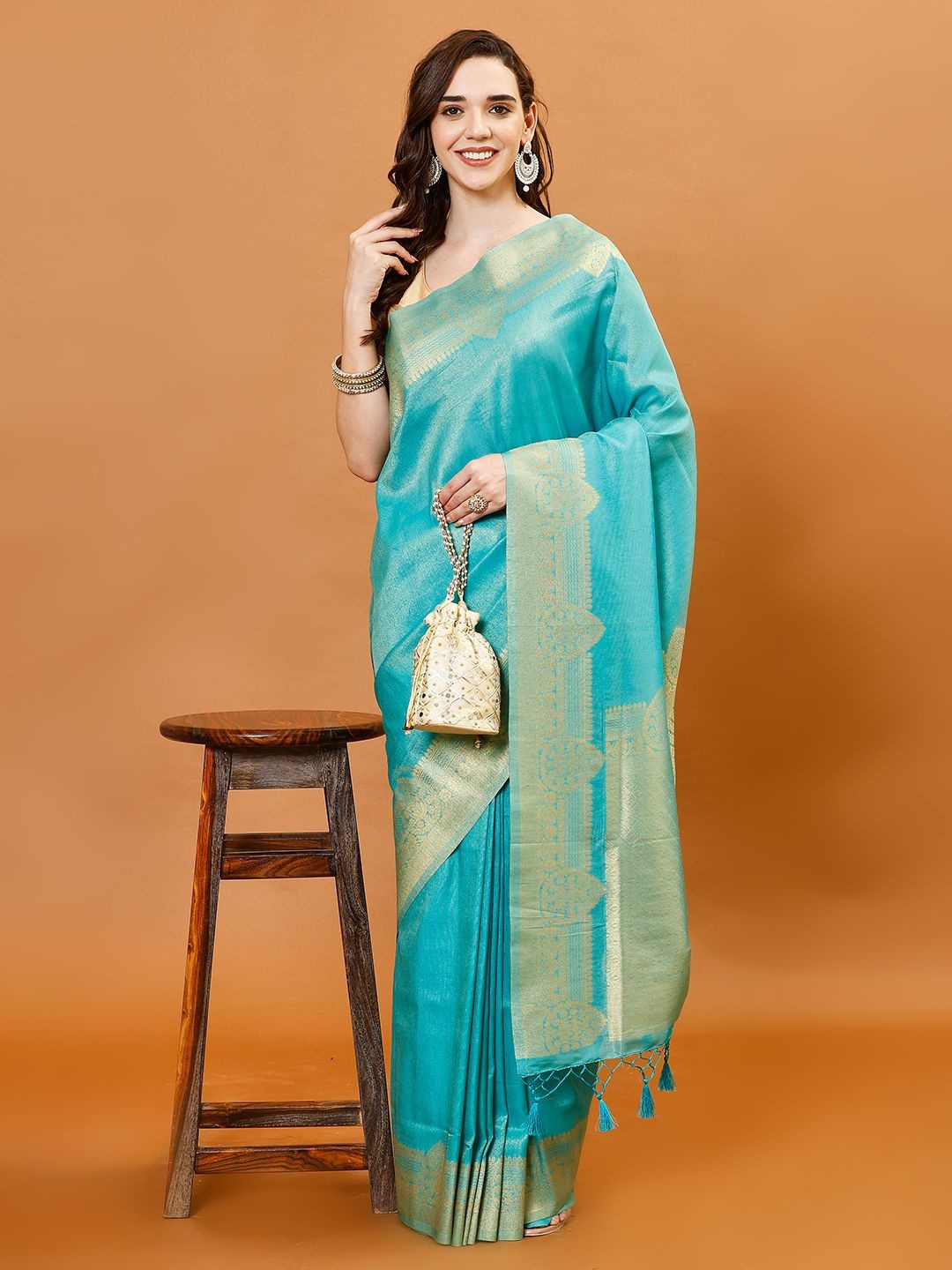 

Meena Bazaar Zari Art Silk Saree with unstitched blouse piece, Blue