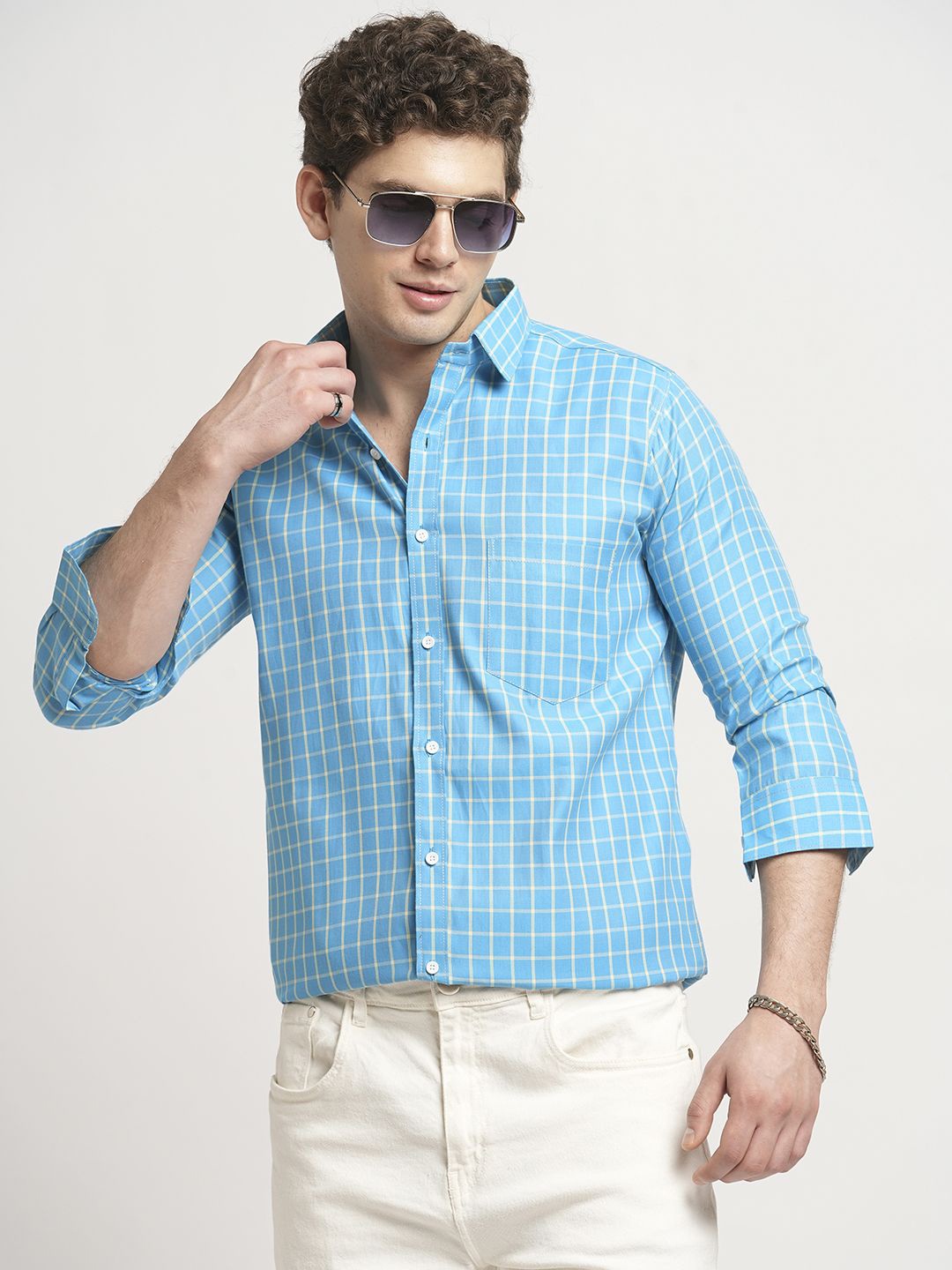 

TRYBUY.IN Men Standard Spread Collar Windowpane Checked Cotton Casual Shirt, Blue