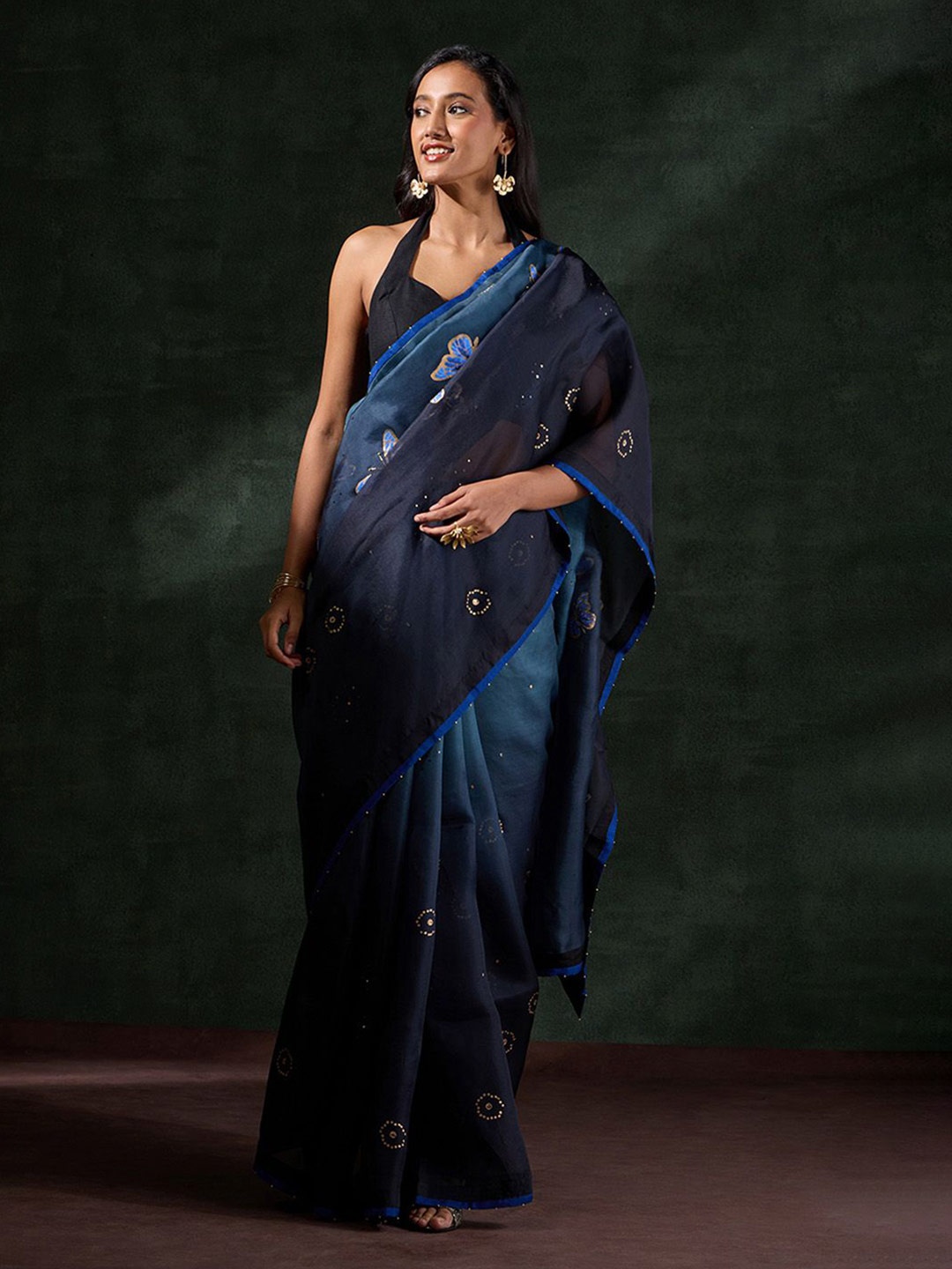 

Taneira Sequined Pure Silk Organza Saree, Blue