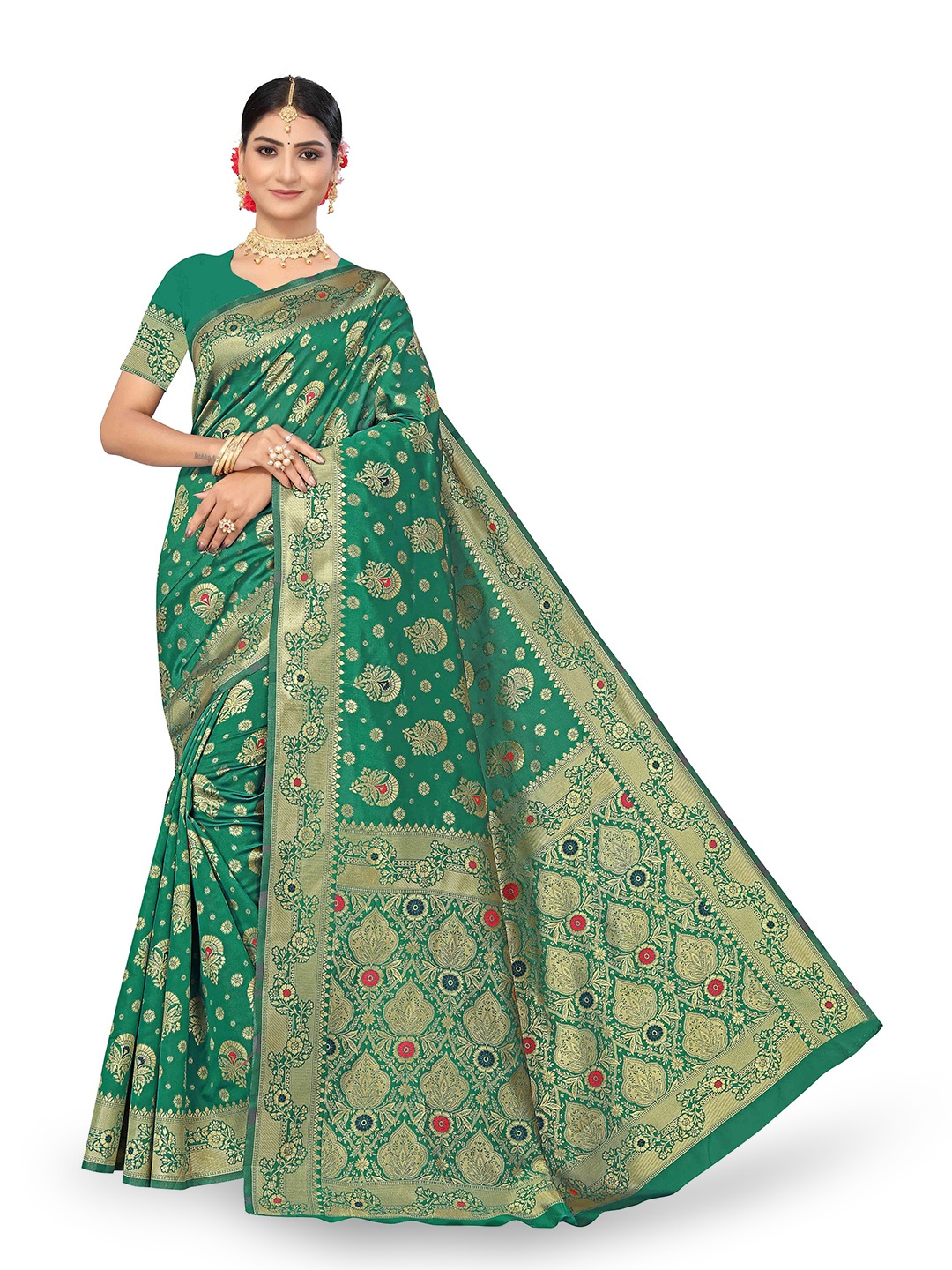 

Maroosh Floral Zari Silk Blend Banarasi Saree with unstitched blouse piece, Green