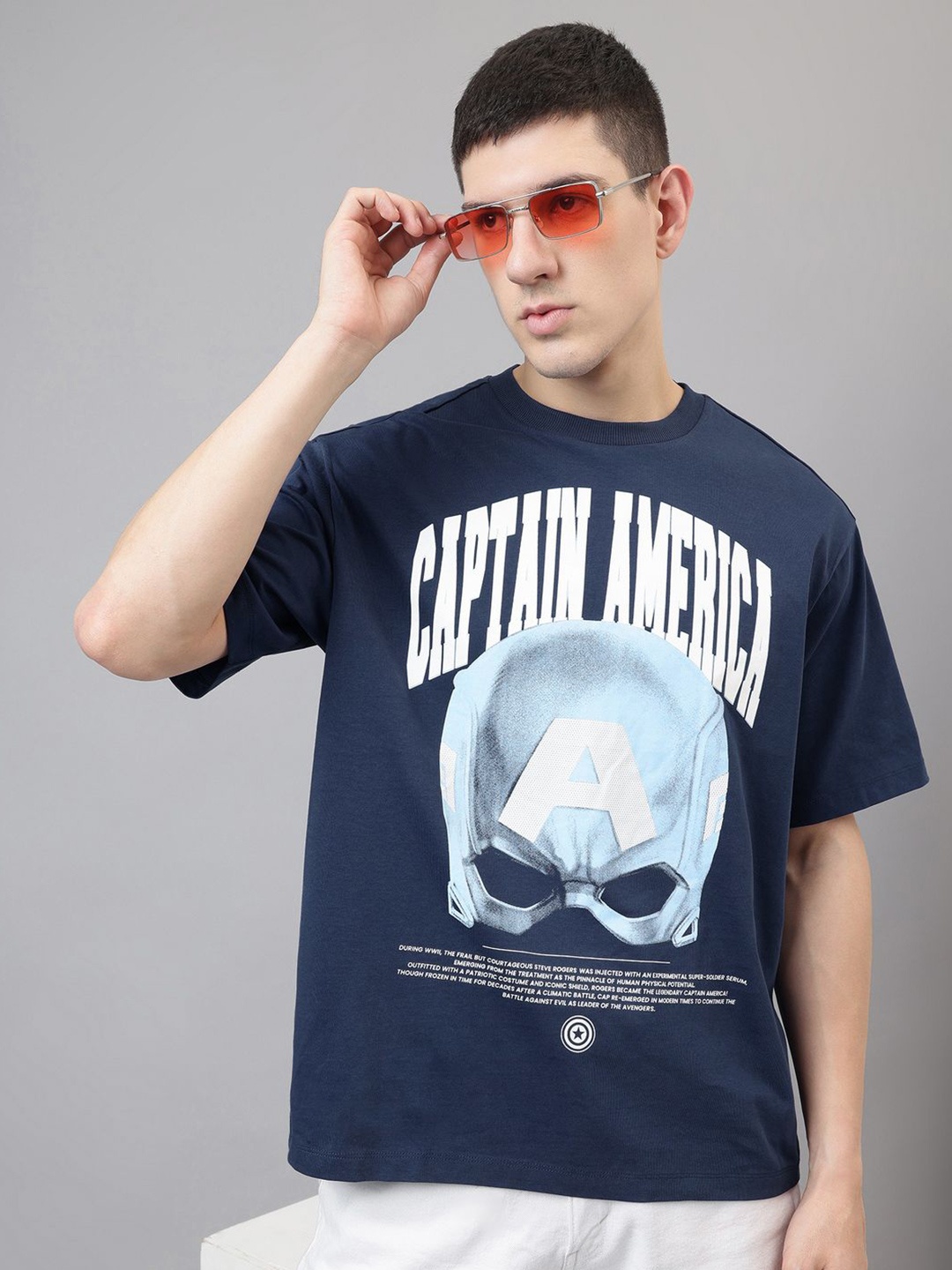 

Free Authority Men Captain America Graphic Printed Round Neck Cotton Oversized T-shirt, Navy blue