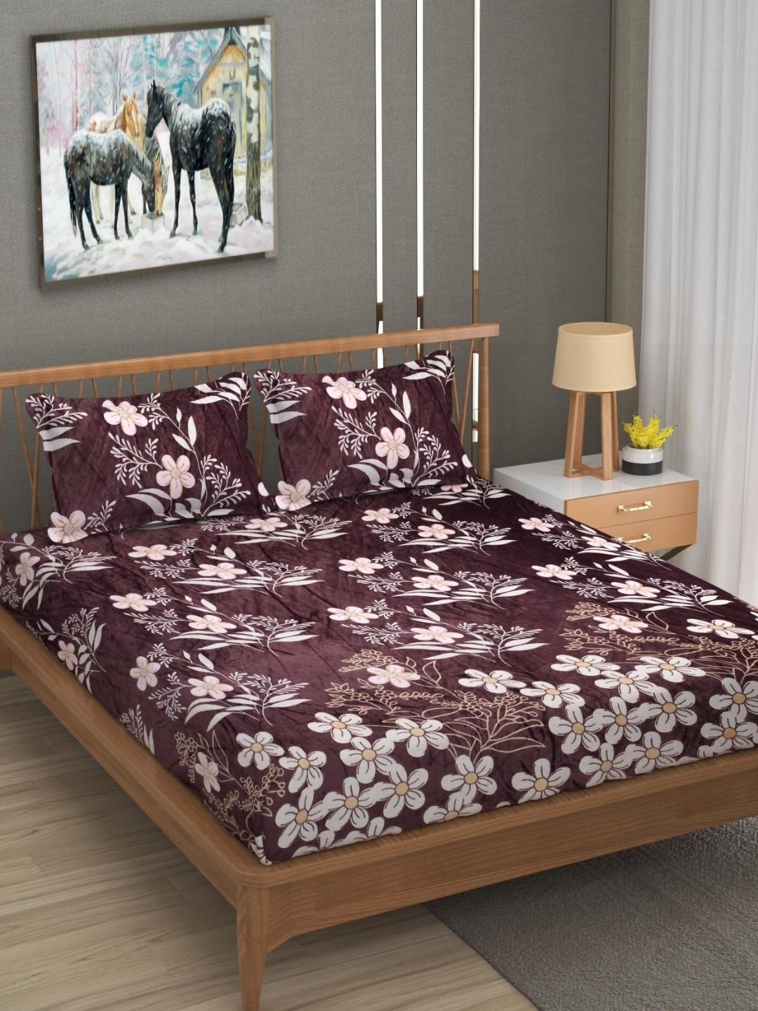 

RRC Purple Floral 350 TC Woolen Queen Bedsheet Set-2.28 m X 2.54 m