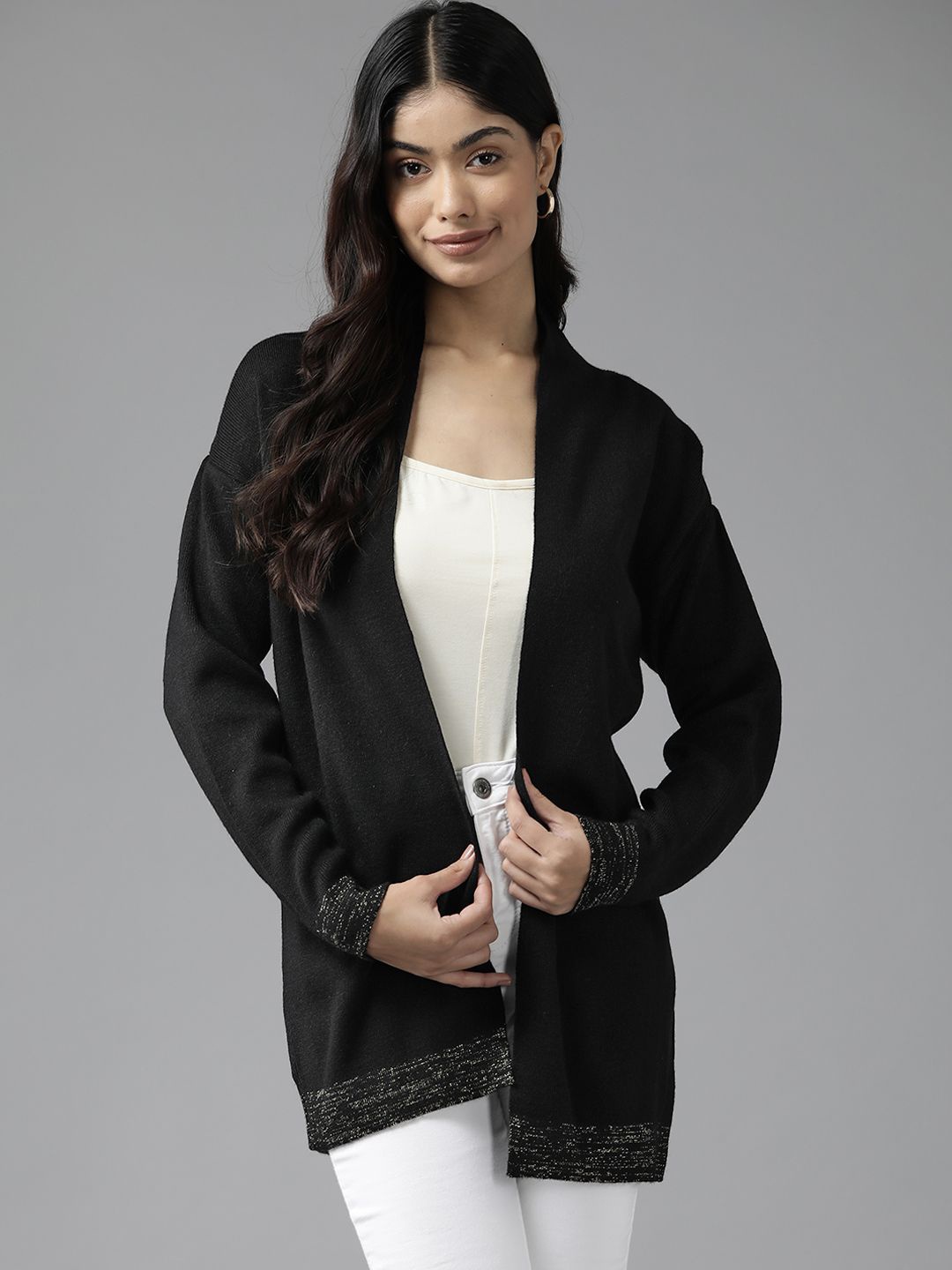 

Cayman Women Mandarin Collar Longline Shrug, Black
