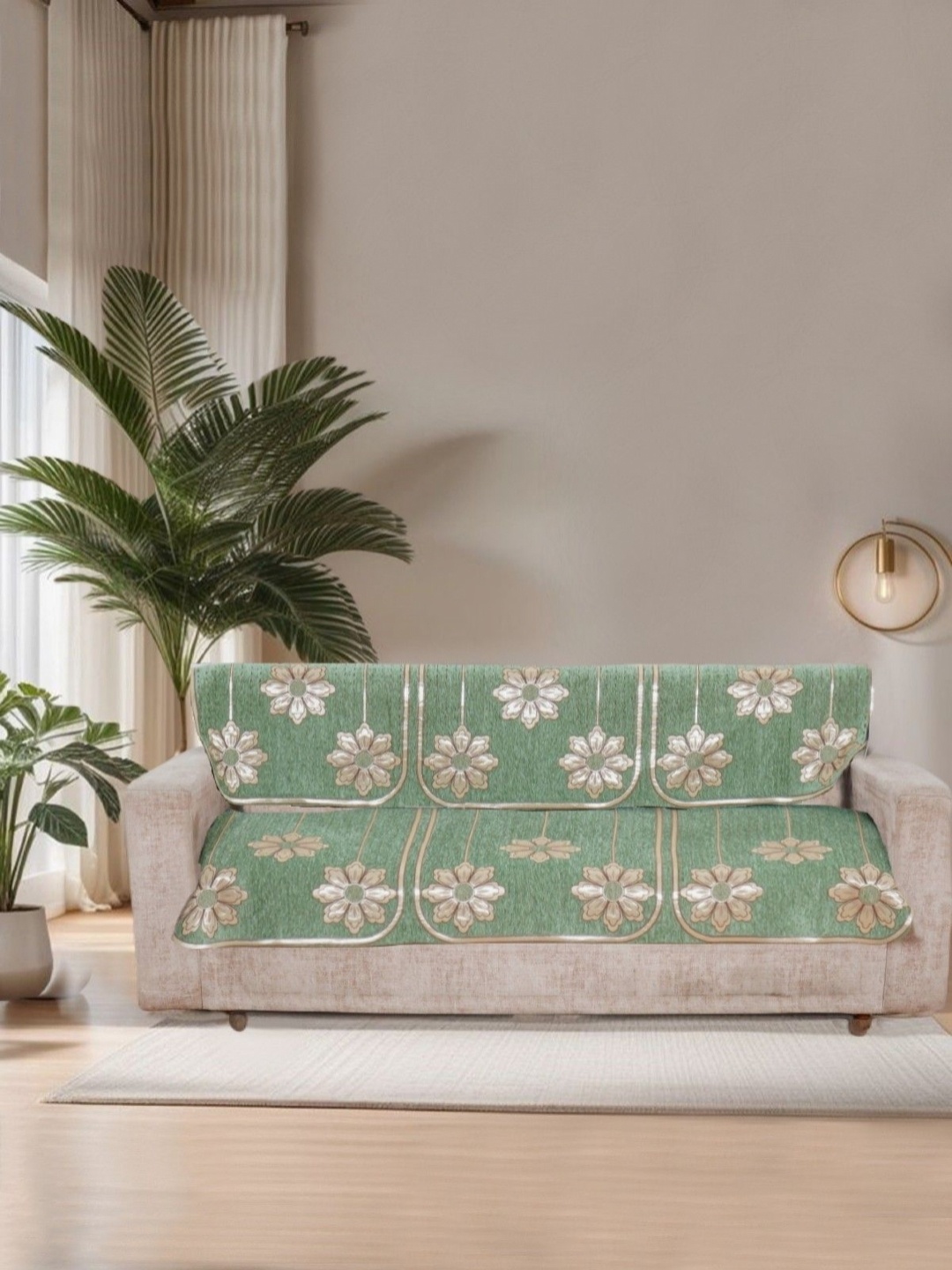 

BREVARD Green & Gold Toned 6 Pieces Floral printed 3 Seater Sofa Covers
