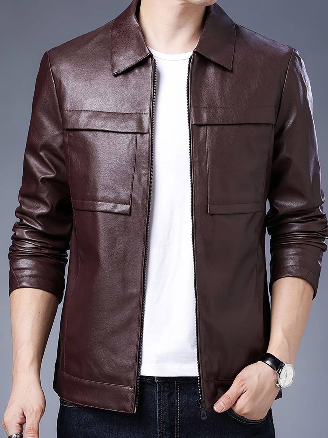 

StyleCast x Revolte Men Spread Collar Solid PU Casual Windcheater Jacket, Maroon