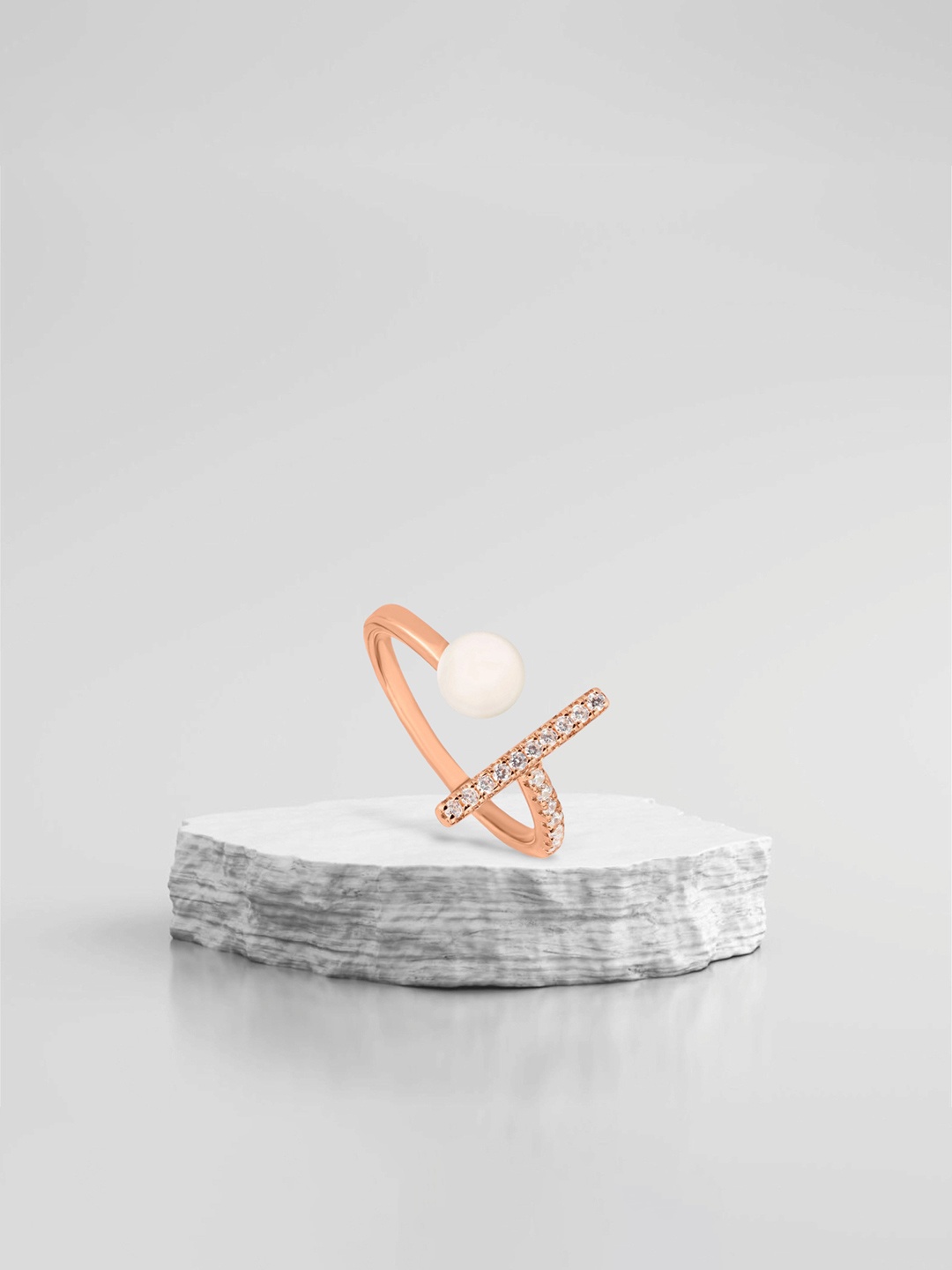 

De Flossy Silver Women 925 Sterling Silver Rose Gold Plated Pearl & CZ Ring