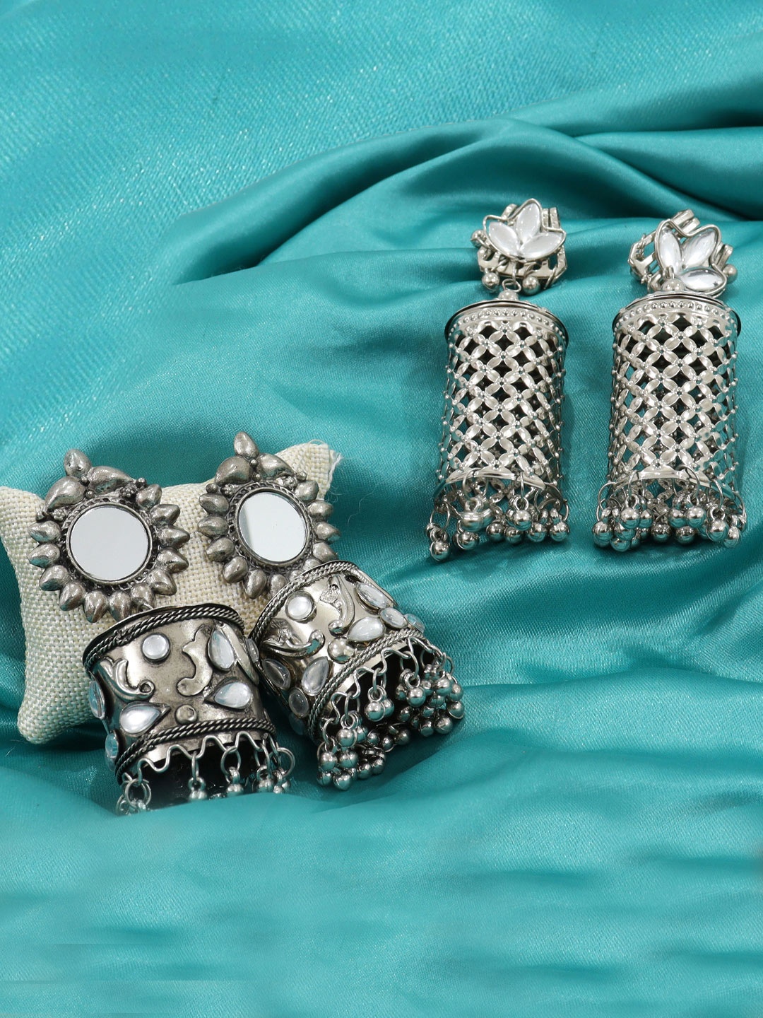 

Krelin Set Of 2 Sterling Silver Dome Shaped Oxidised Jhumkas