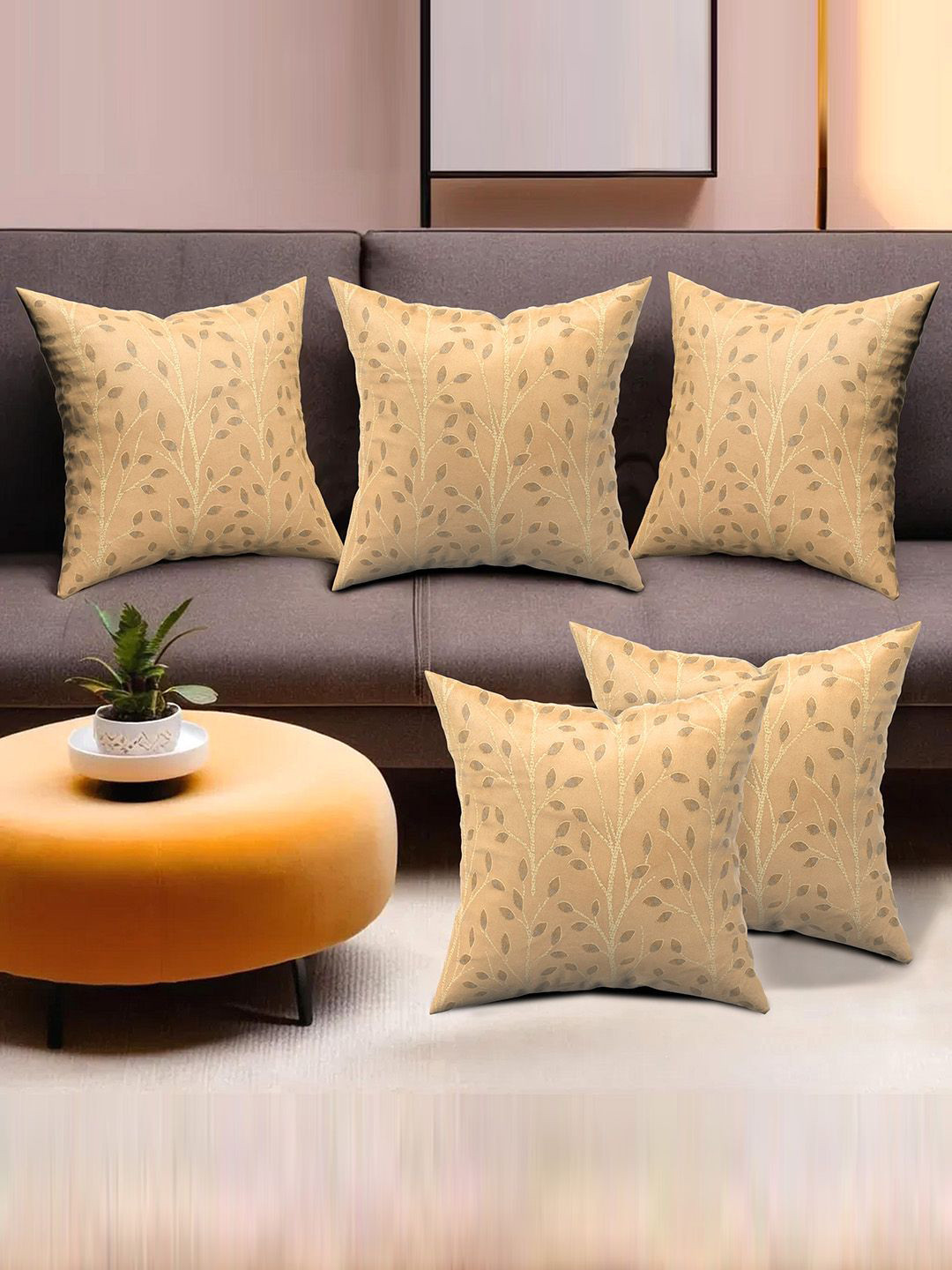 

Kuber Industries Gold-Toned 5 Pieces Self Design Velvet Square Cushion Covers