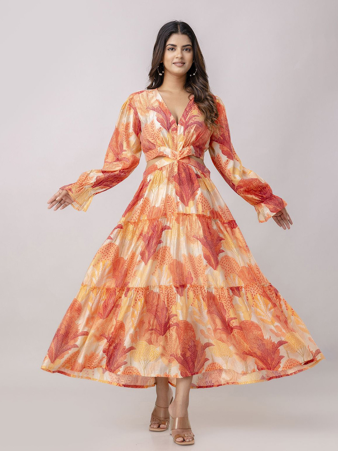 

KALINI Women Floral Print Maxi Dress, Orange