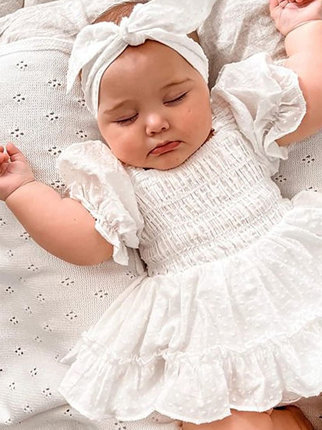 

LULU & SKY Girls Self-Design Smocked Cotton Bodysuit With Hairband, White