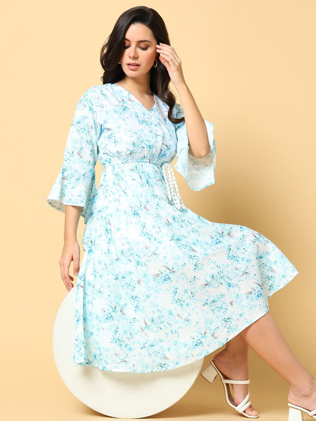 

SHOWOFF Women Floral Printed Cotton Bell Sleeve Fit & Flare Knee Length Dress, Blue