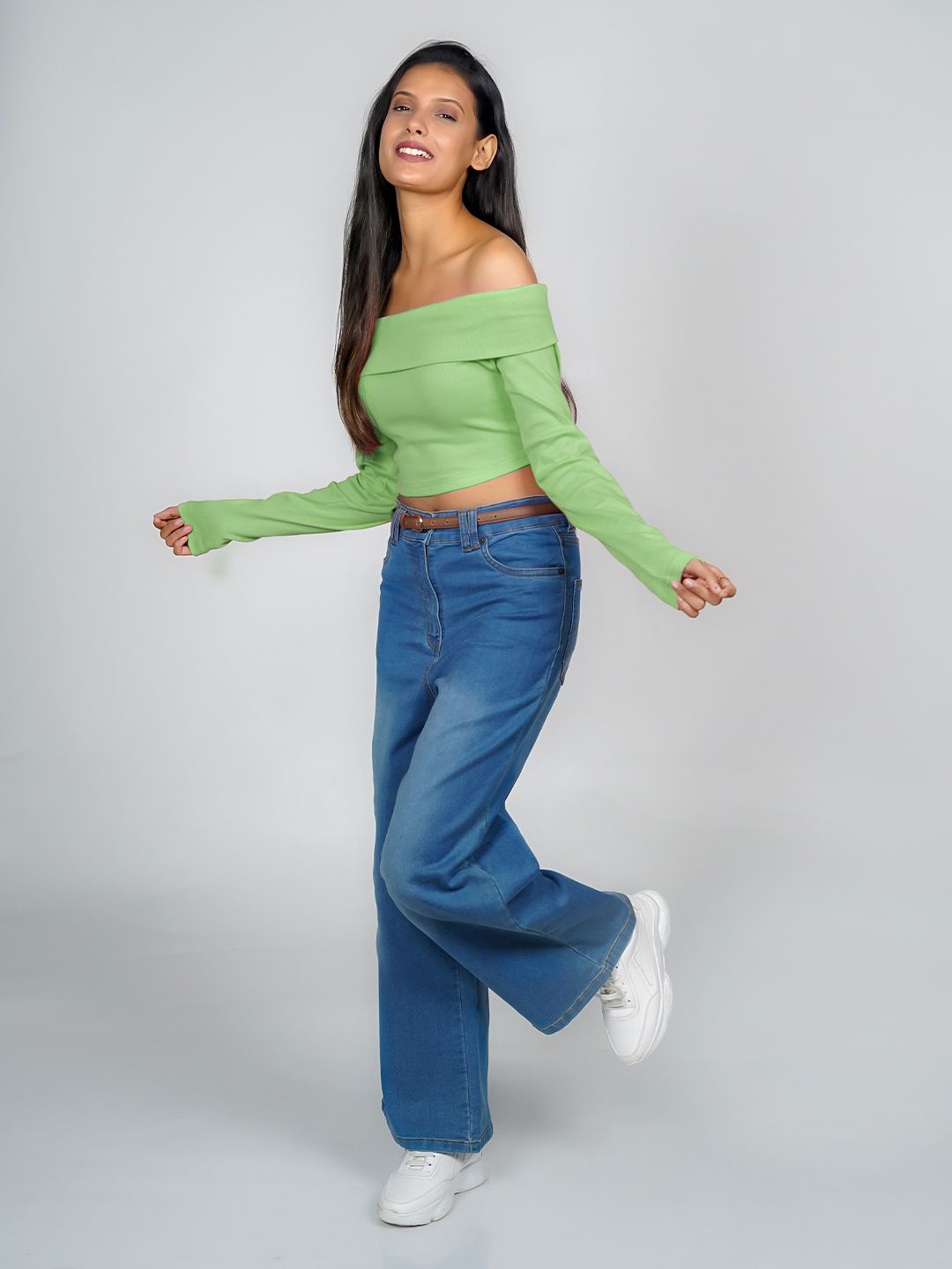 

Zink London Women Solid Off-Shoulder Cotton Top, Green