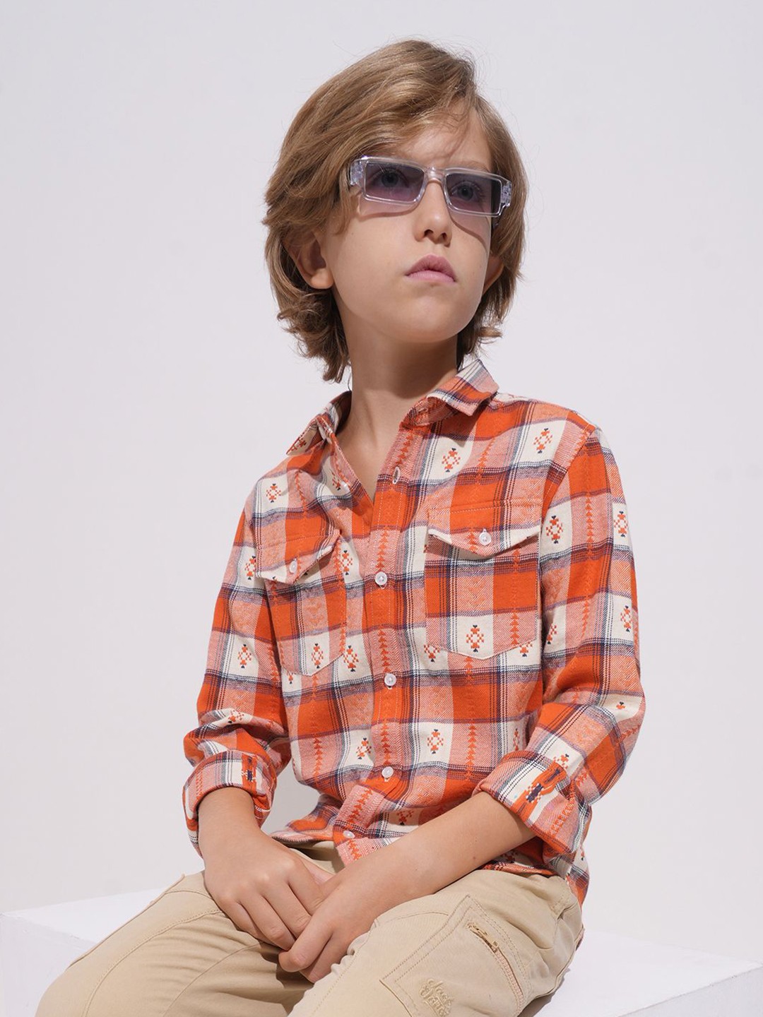 

Jack & Jones Junior Boys Spread Collar Tartan Checked Cotton Casual Shirt, Orange