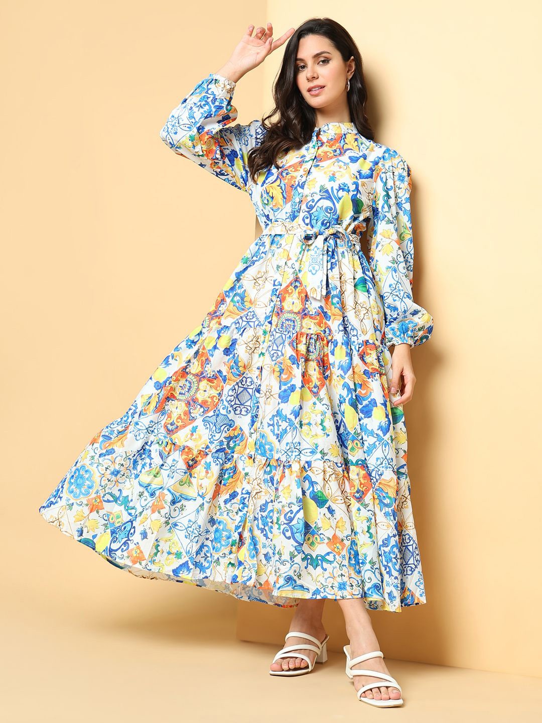 

SHOWOFF Women Ethnic Motifs Printed Puff Sleeve Fit & Flare Maxi Dress, Blue