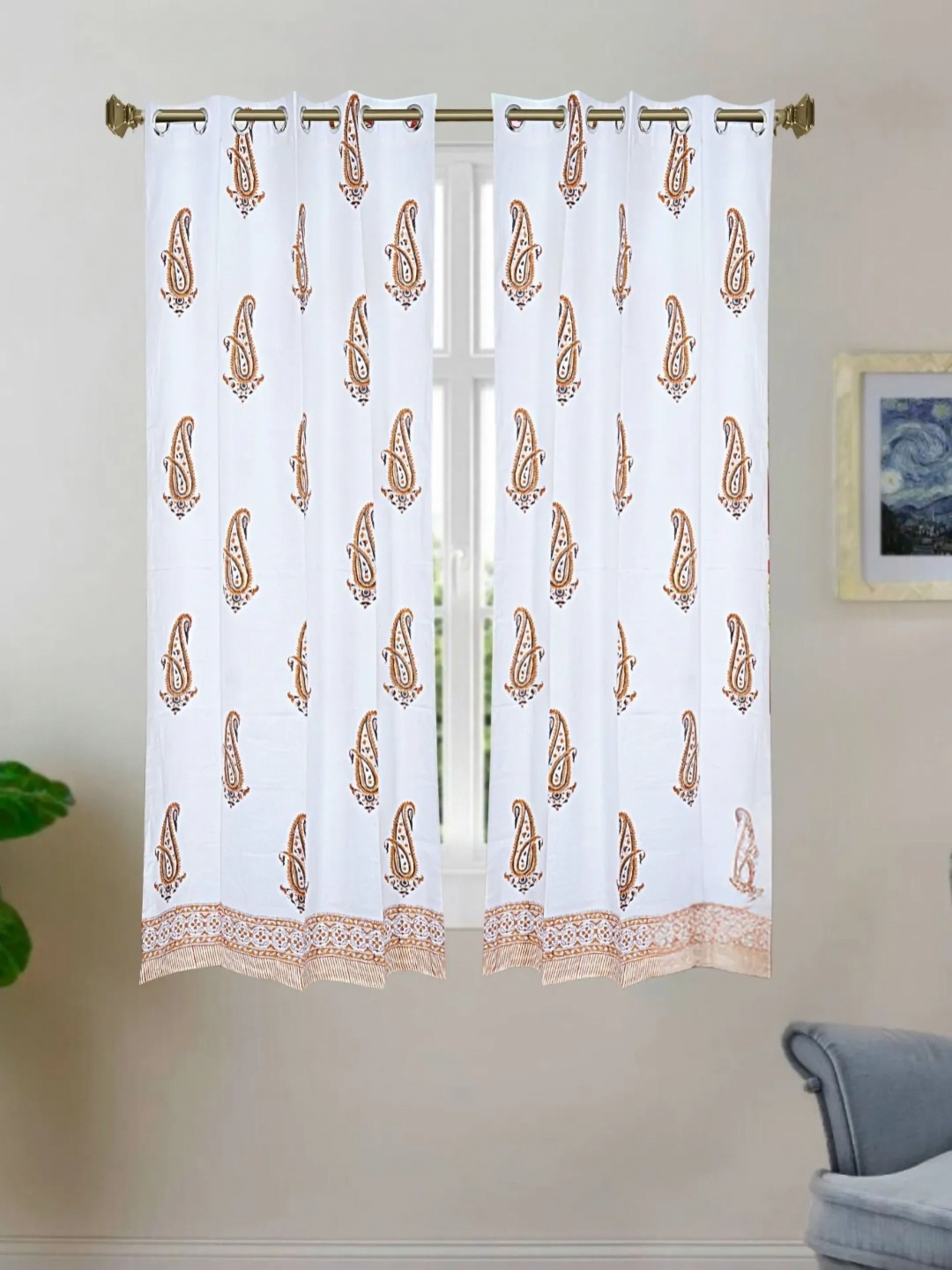 

LIVING ROOTS White 2 Pieces Ethnic Motifs Block Printed Elegant Cotton Window Curtains