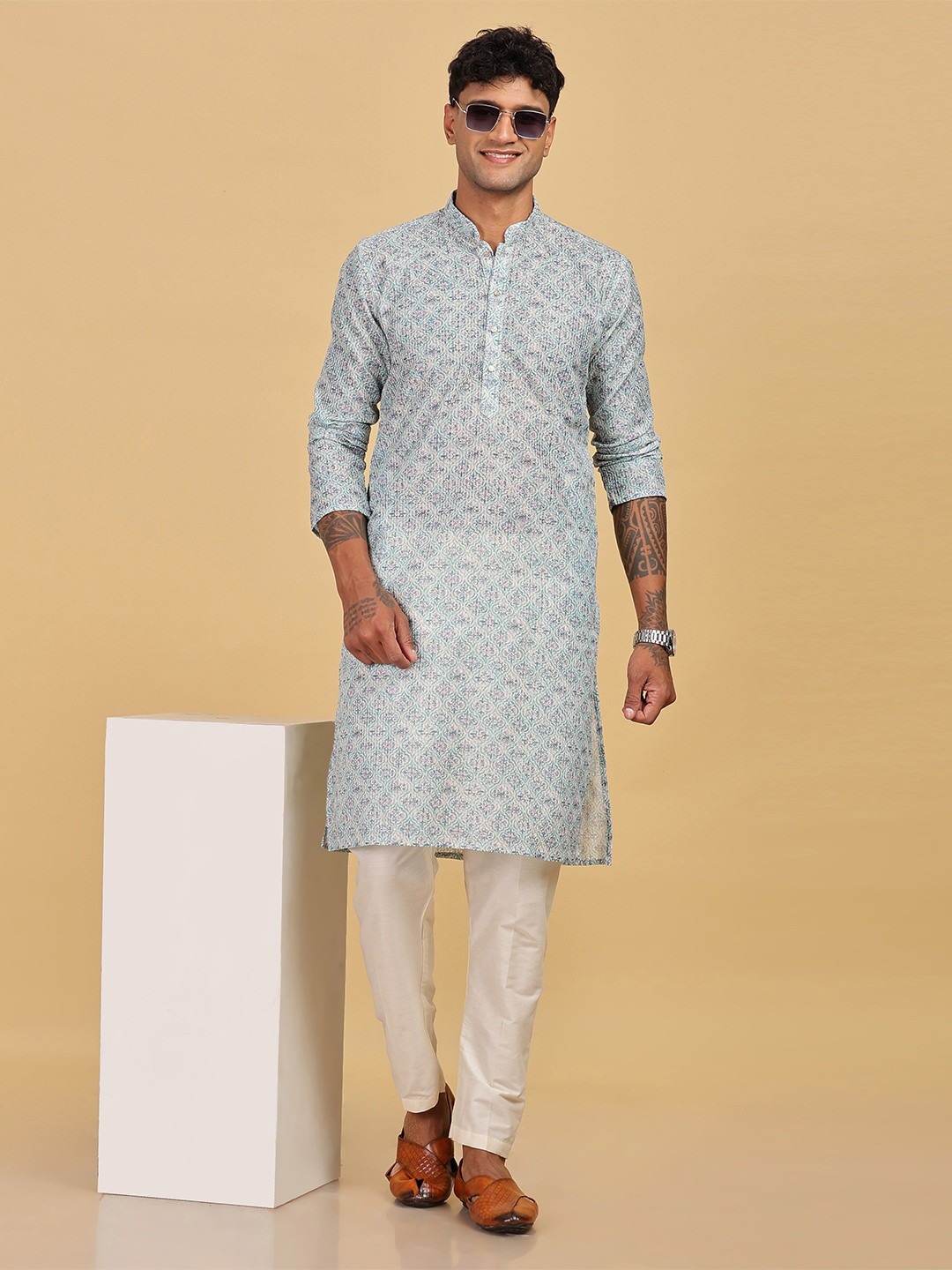 

Anouk Men Ethnic Motifs Printed Thread Work Cotton Kurta, Blue