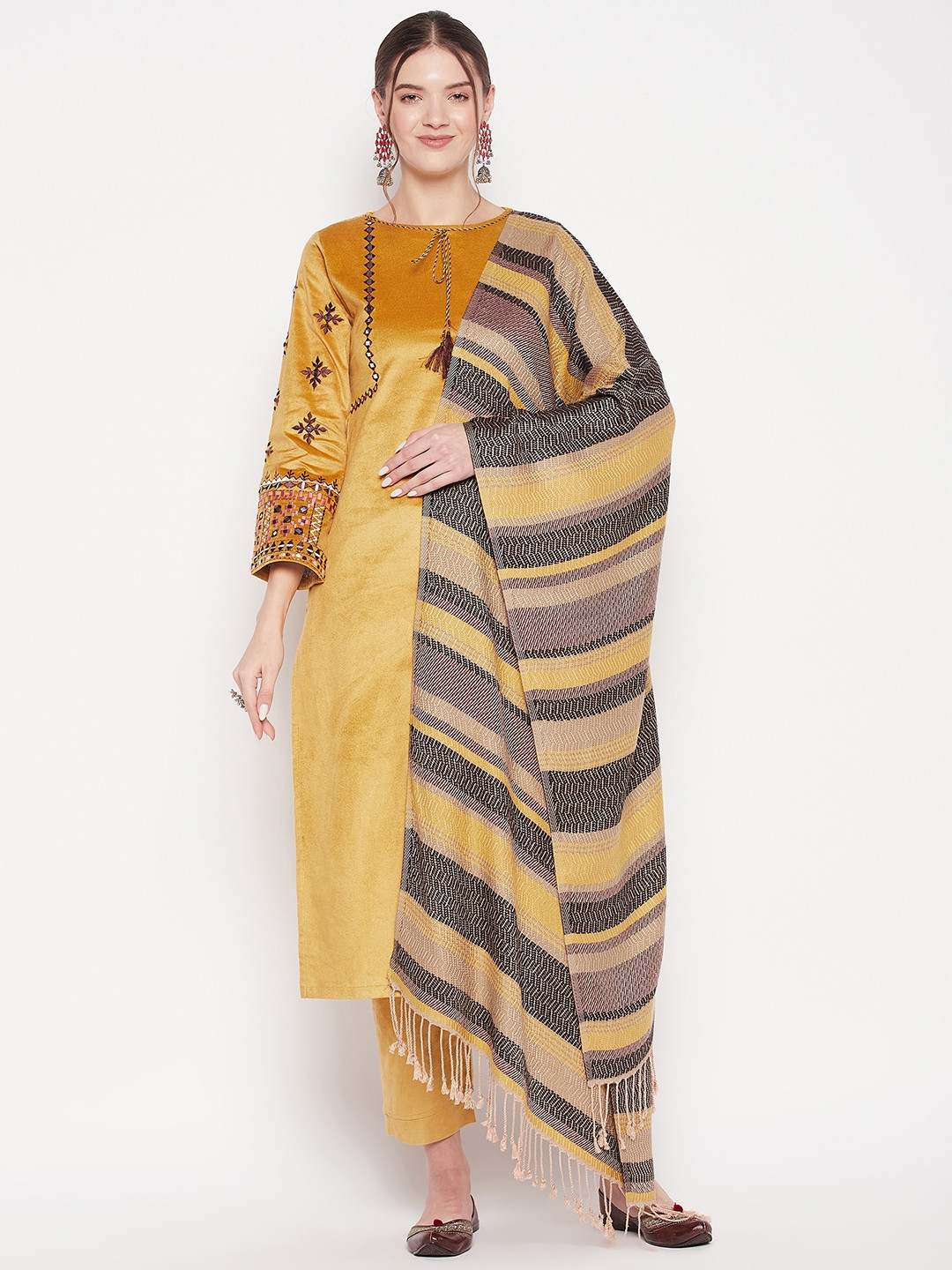 

Zigo Embroidered Regular Mirror Work Pure Wool Straight Kurta with Palazzos & Dupatta, Mustard
