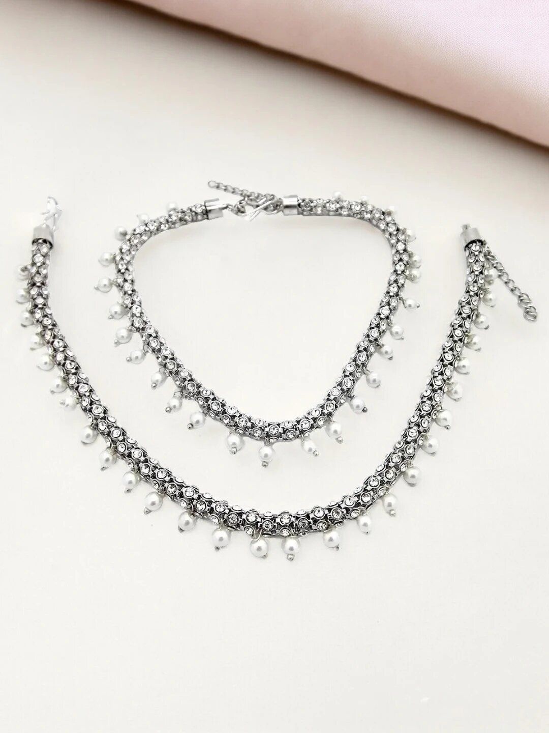 

9blings Set Of 2 Silver-Plated Cubic Zirconia Studded Anklets