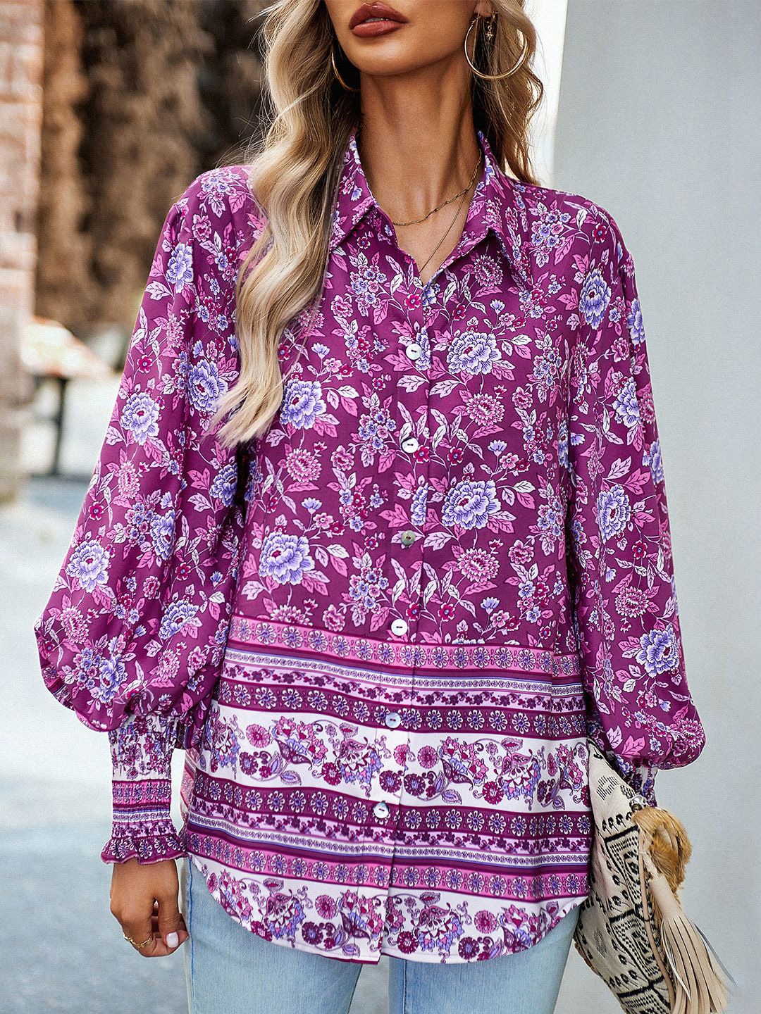 

StyleCast Women Floral Printed Shirt Collar Top, Purple