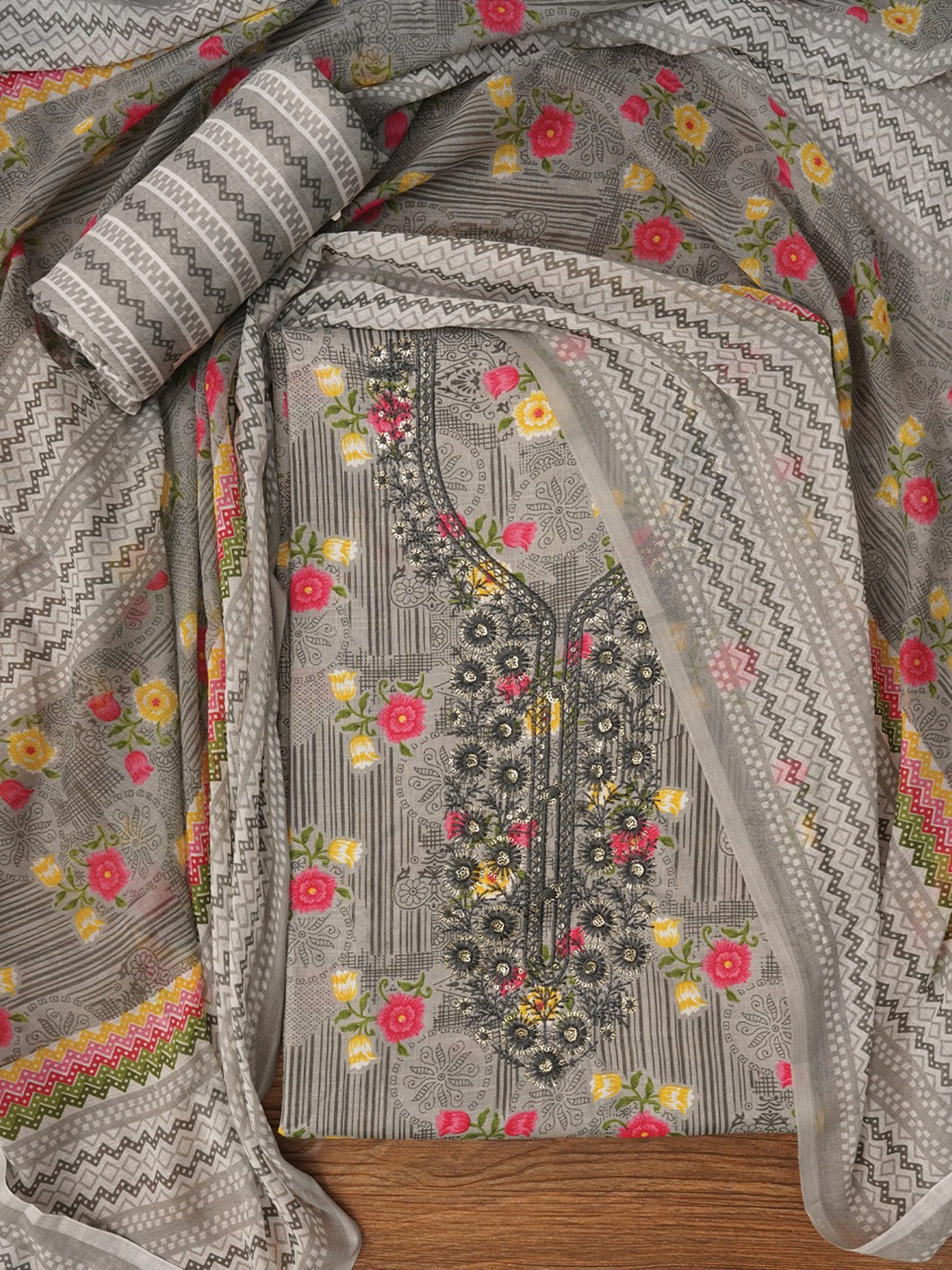 

Jaipur Kurti Unstitched Embroidered Cotton Dress Material With Dupatta, Grey