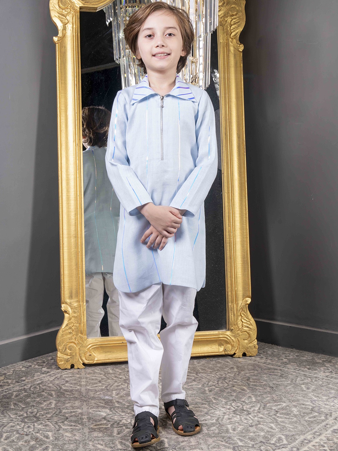 

HOITY MOPPET Boys Striped Shirt Collar Linen Kurta With Pyjamas, Blue