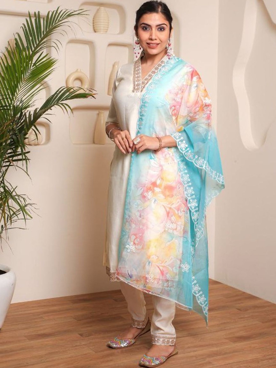 

KALINI Women Floral Embroidered Regular Sequinned Chanderi Silk Kurta with Trousers & With Dupatta, Off white