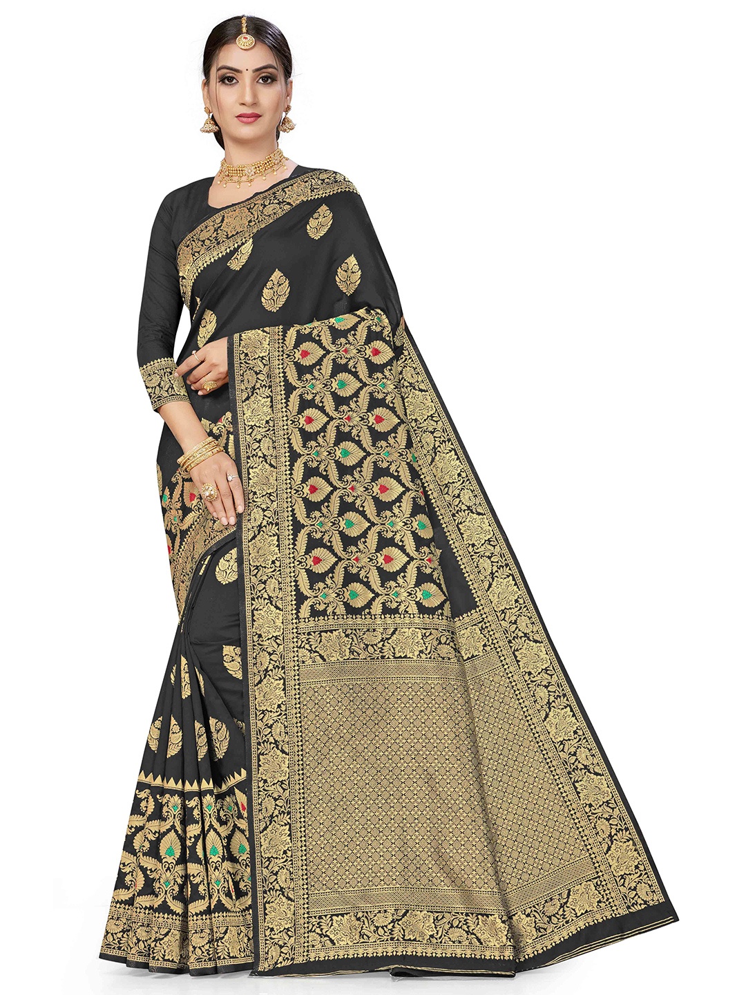 

Maroosh Floral Zari Silk Banarasi Saree, Black