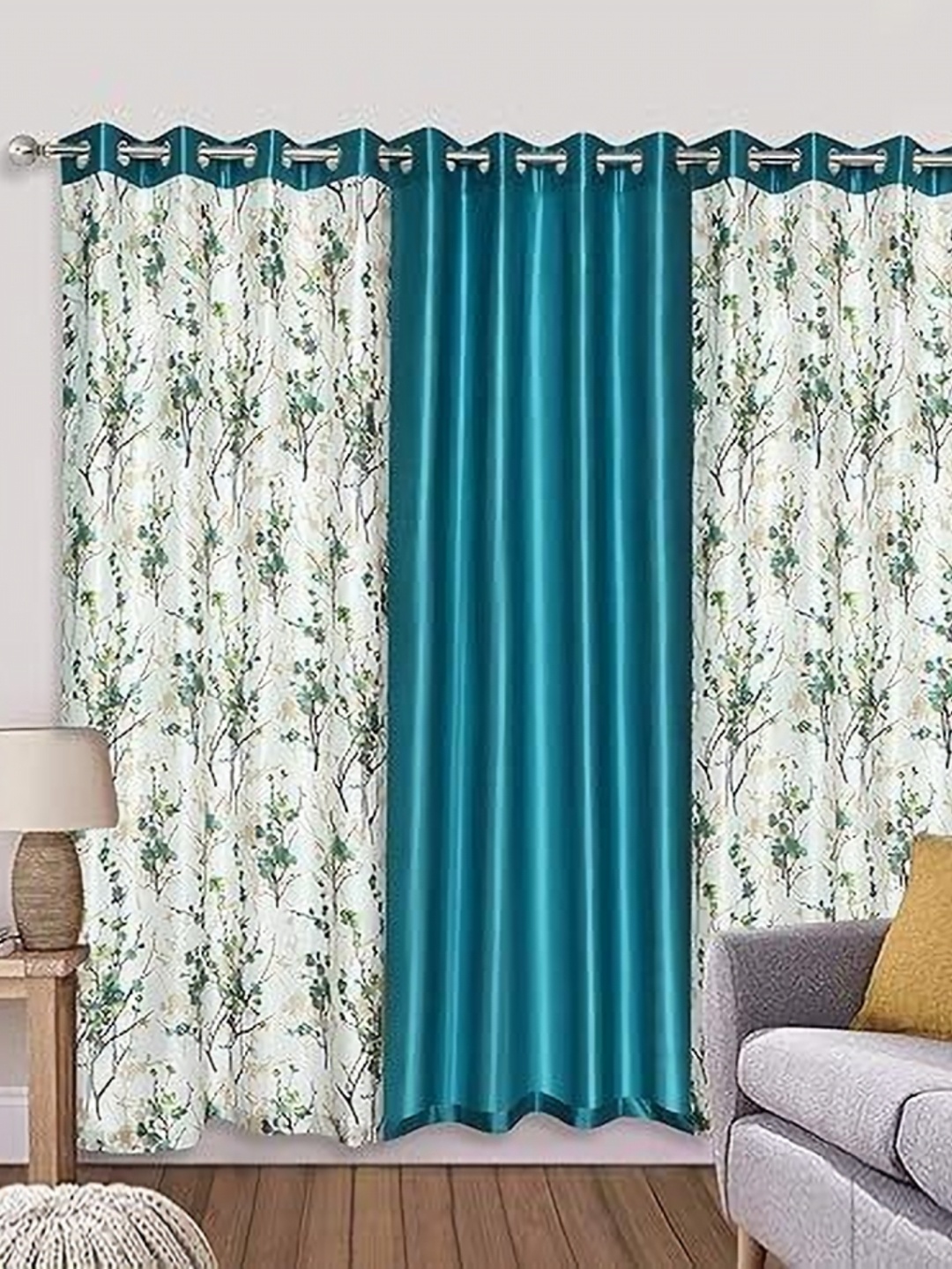 

Banchmark Home Furnishings Blue & White Set of 3 Floral Long Door Curtain