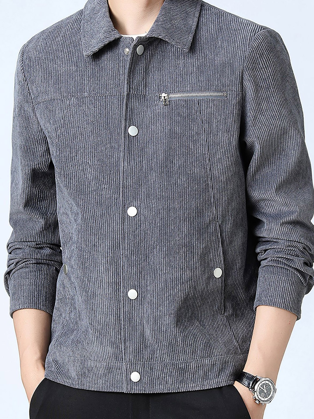 

StyleCast x Revolte Men Spread Collar Self Design Casual Windcheater Jacket, Grey
