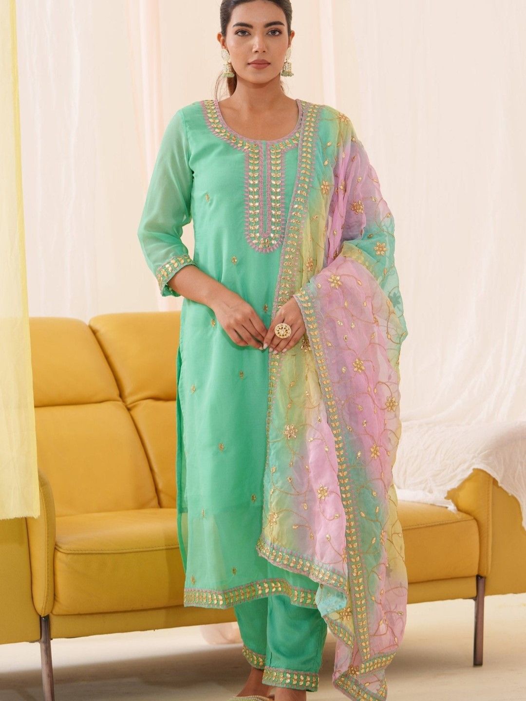 

AUTUMN LANE Floral Embroidered Thread Work Organza Kurta with Trouser & Dupatta, Green