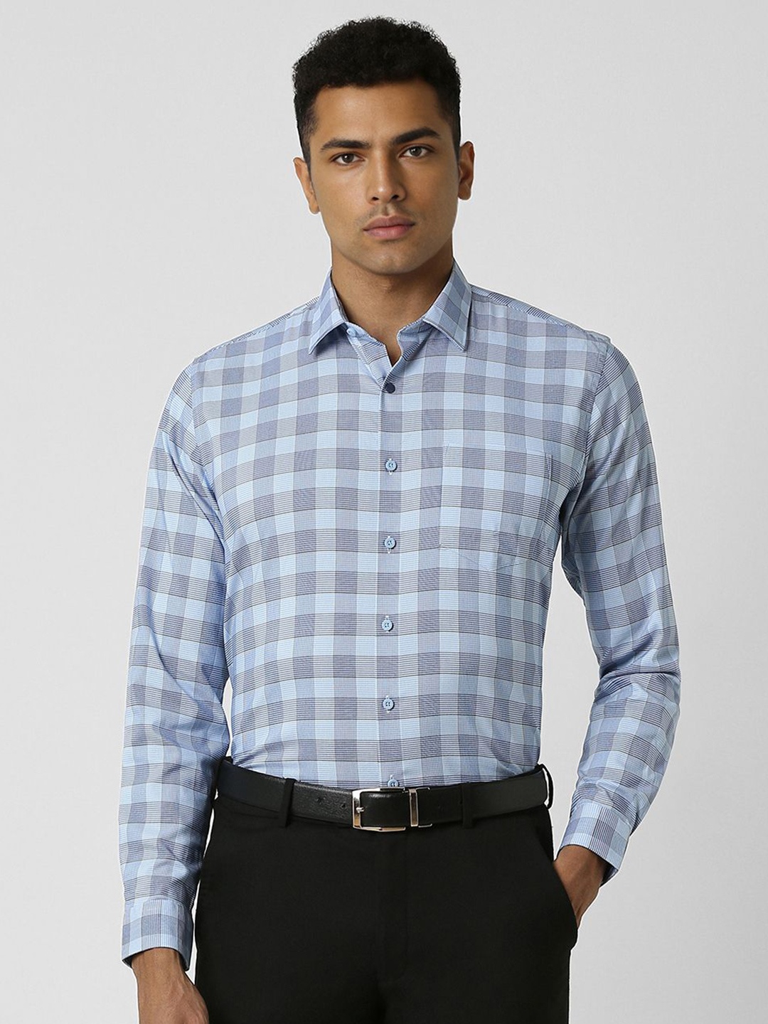 

Van Heusen Men Spread Collar Checked Cotton Slim Fit Formal Shirt, Blue