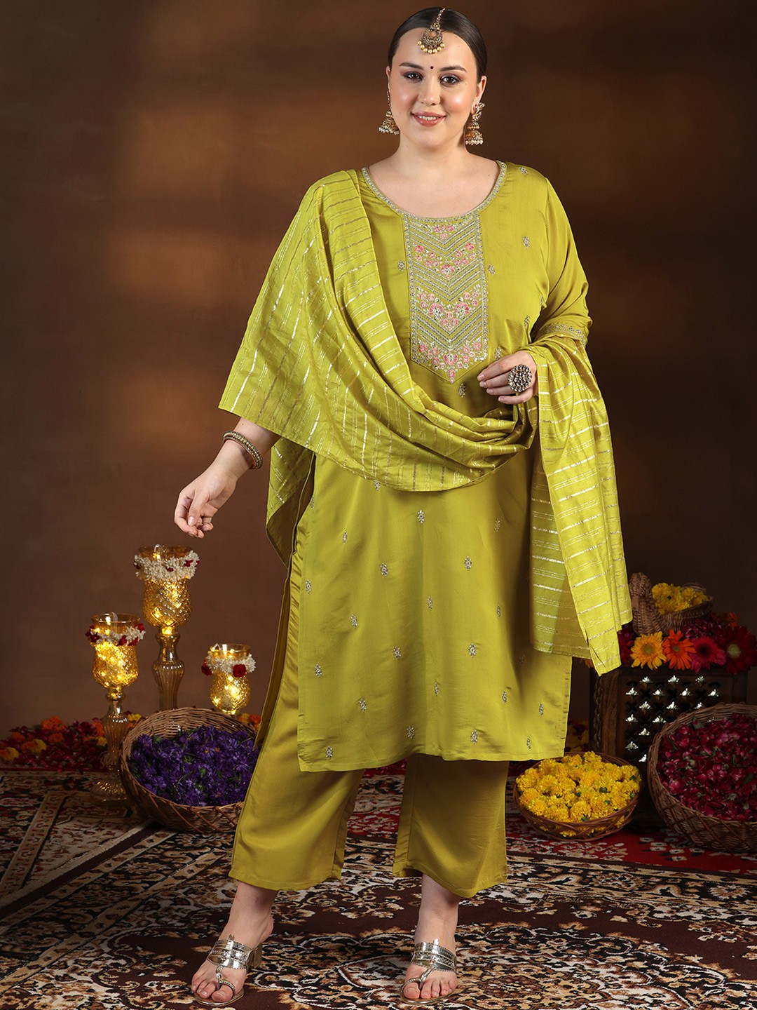 

EXTRA LOVE BY LIBAS Plus Size Floral Embroidered Straight Kurta With Trouser & Dupatta, Yellow