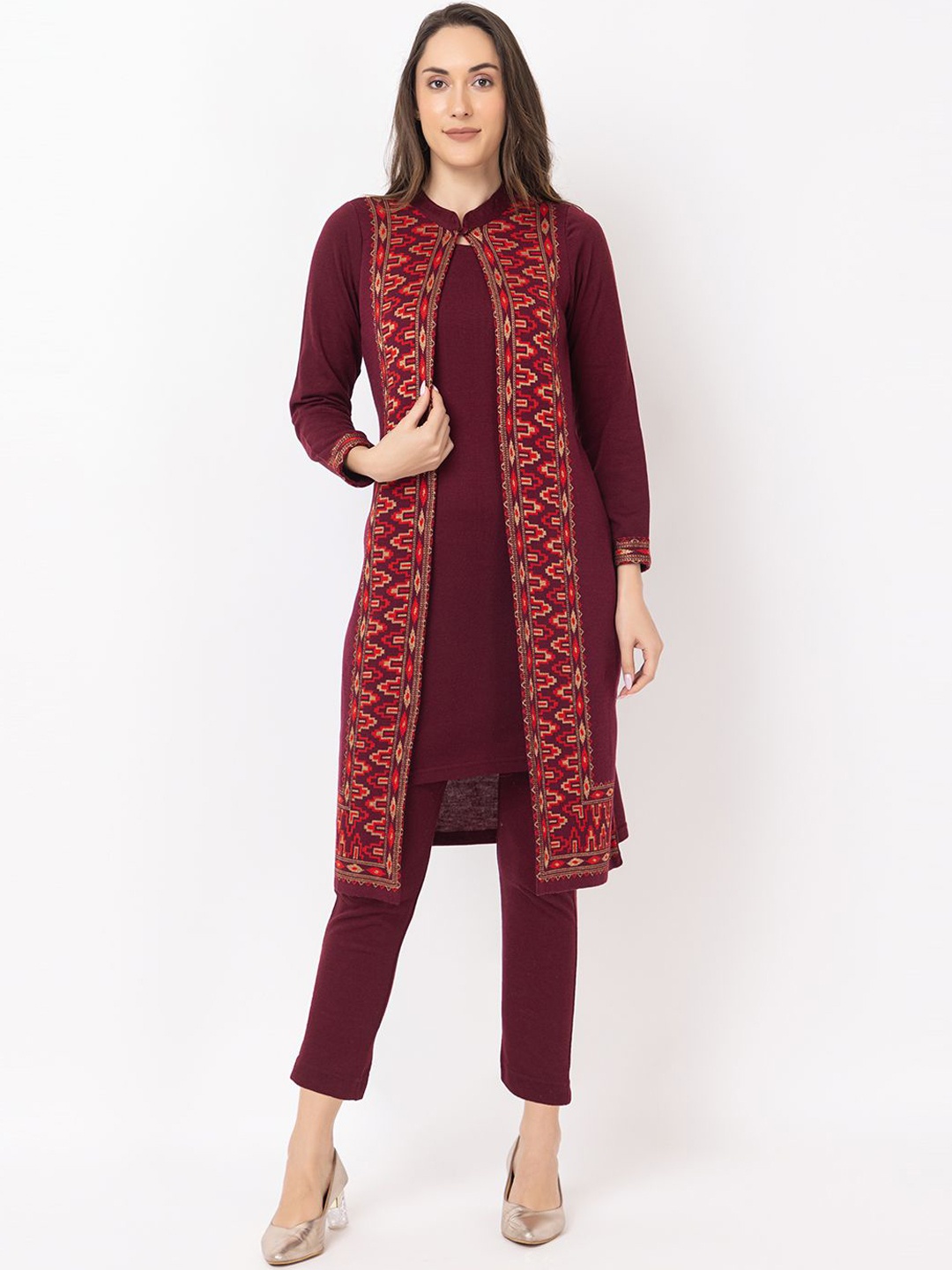 

KEIKO Ethnic Motifs Woven Design Mandarin Collar A-Line Kurta with Trousers & Jacket, Burgundy