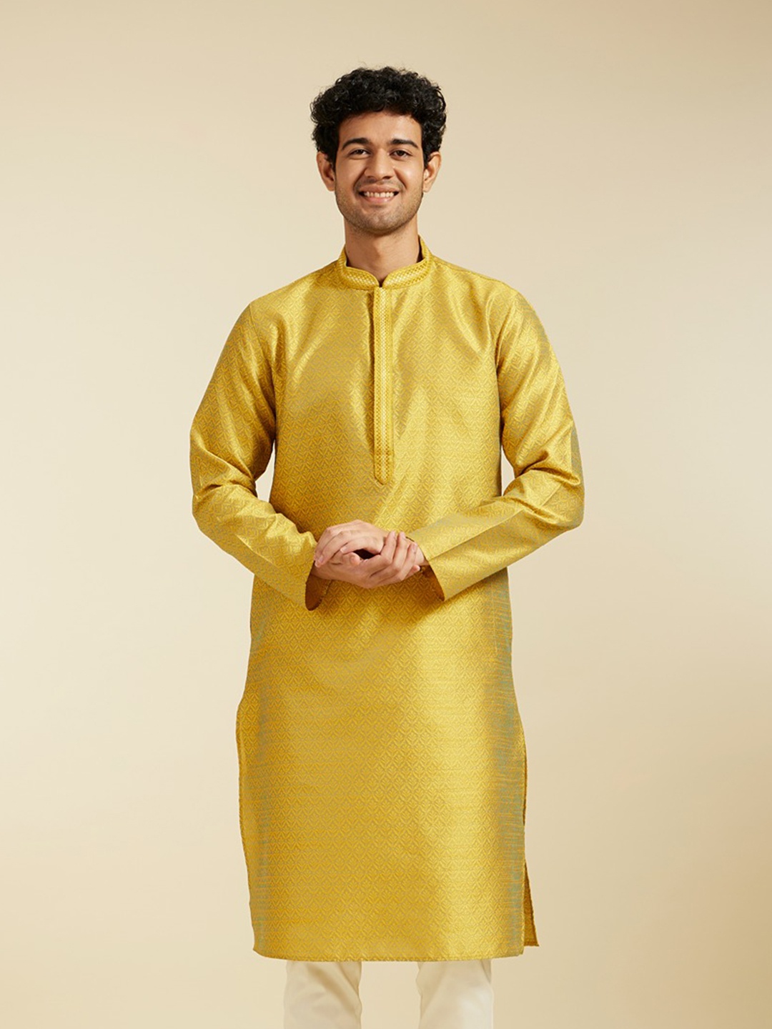 

Diwas by Manyavar Ethnic Motifs Woven Design Mandarin Collar Straight Kurta, Mustard