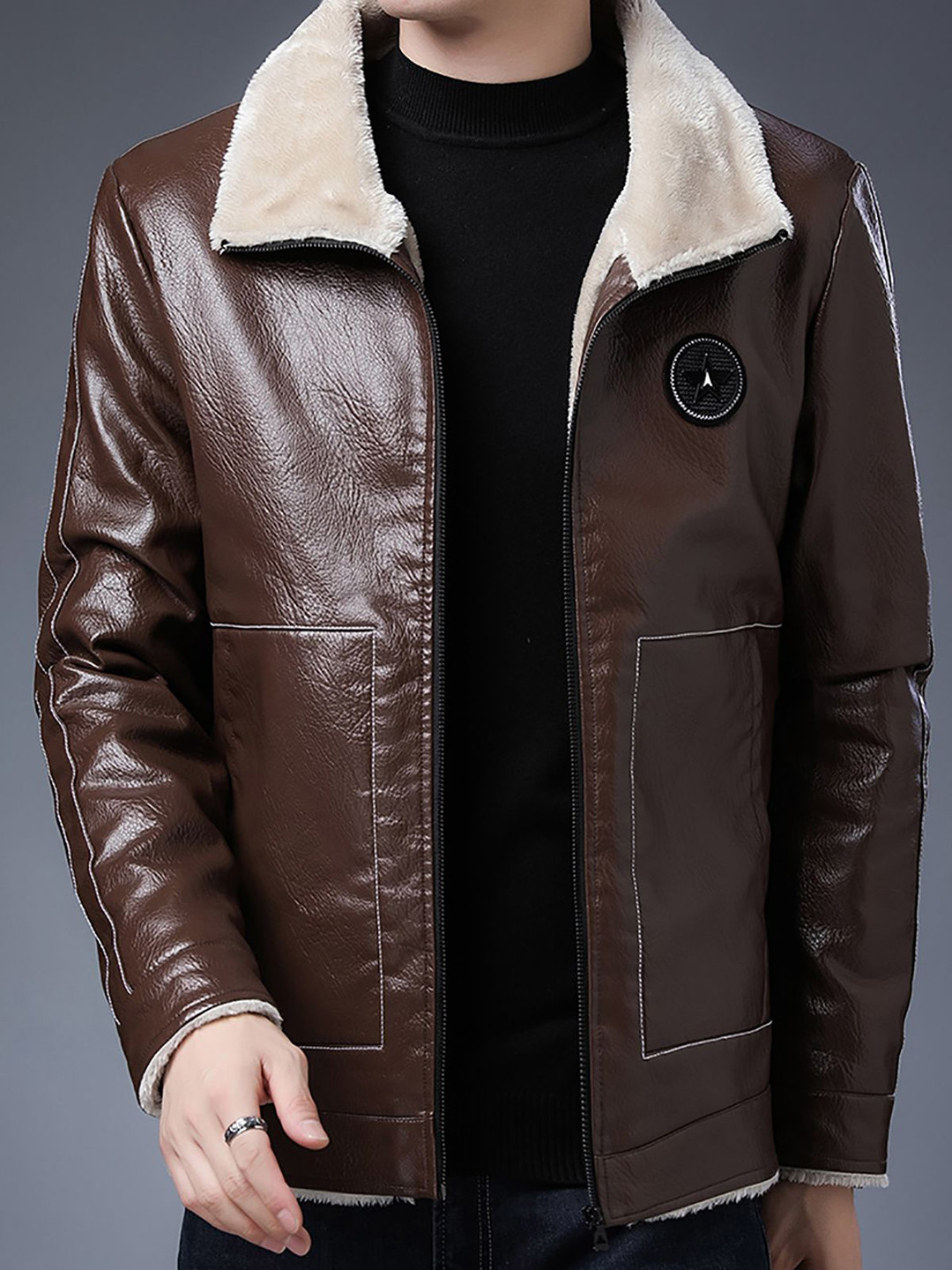 

StyleCast x Revolte Men Spread Collar Solid PU Casual Windcheater Jacket, Brown