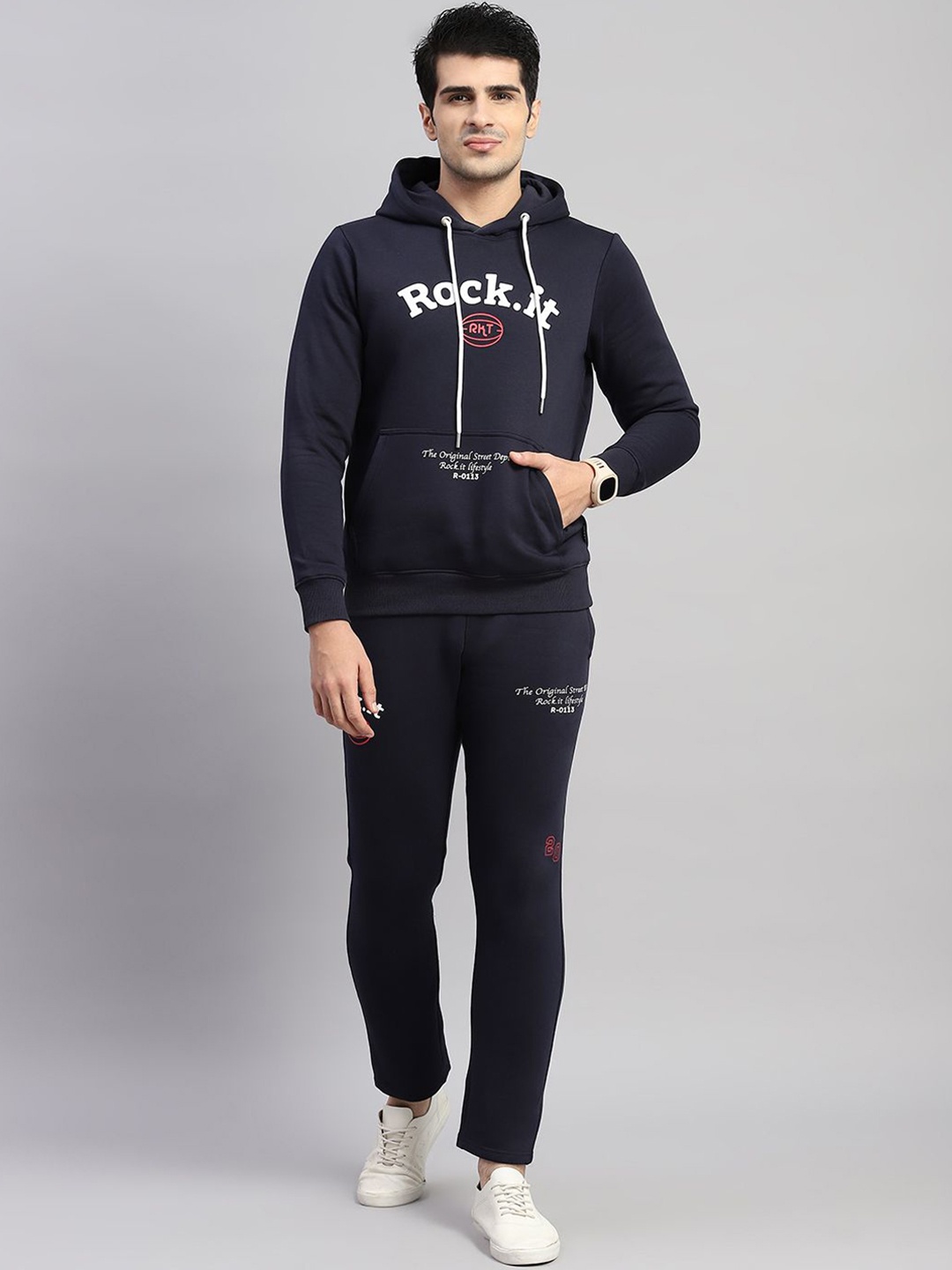 

rock.it Printed Hooded Neck Full Sleeves Tracksuit, Navy blue