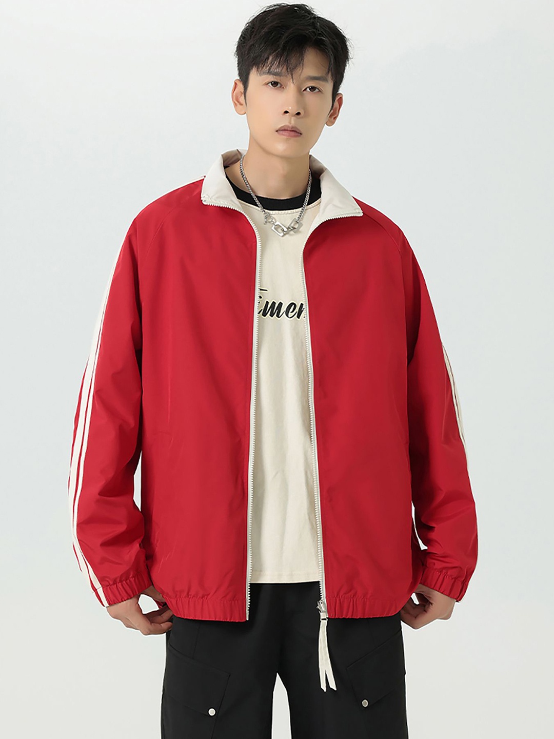 

StyleCast x Revolte Men Mock Collar Striped Casual Windcheater Jacket, Red