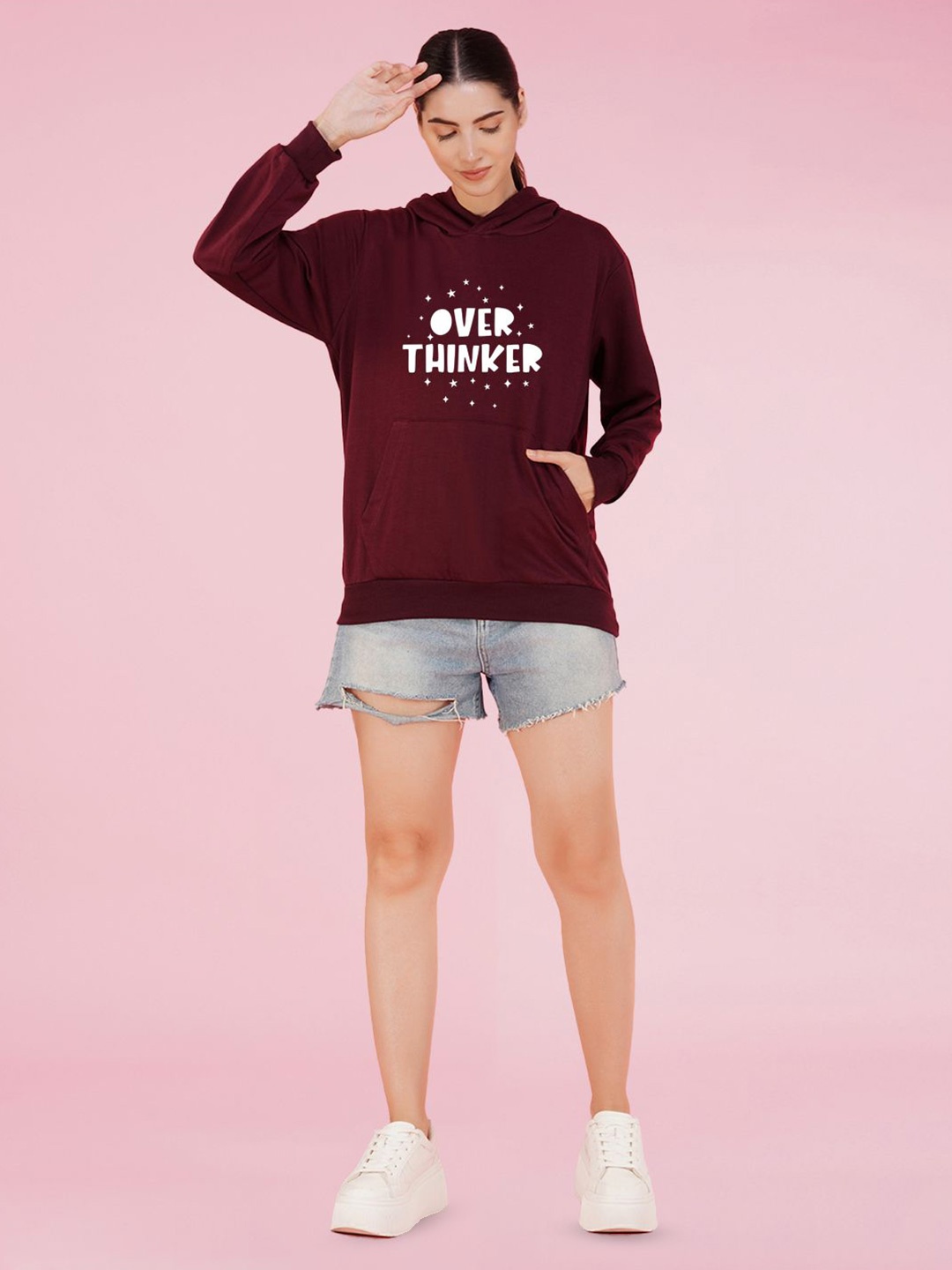 

NUSYL Printed Hooded Oversized Sweatshirt, Maroon